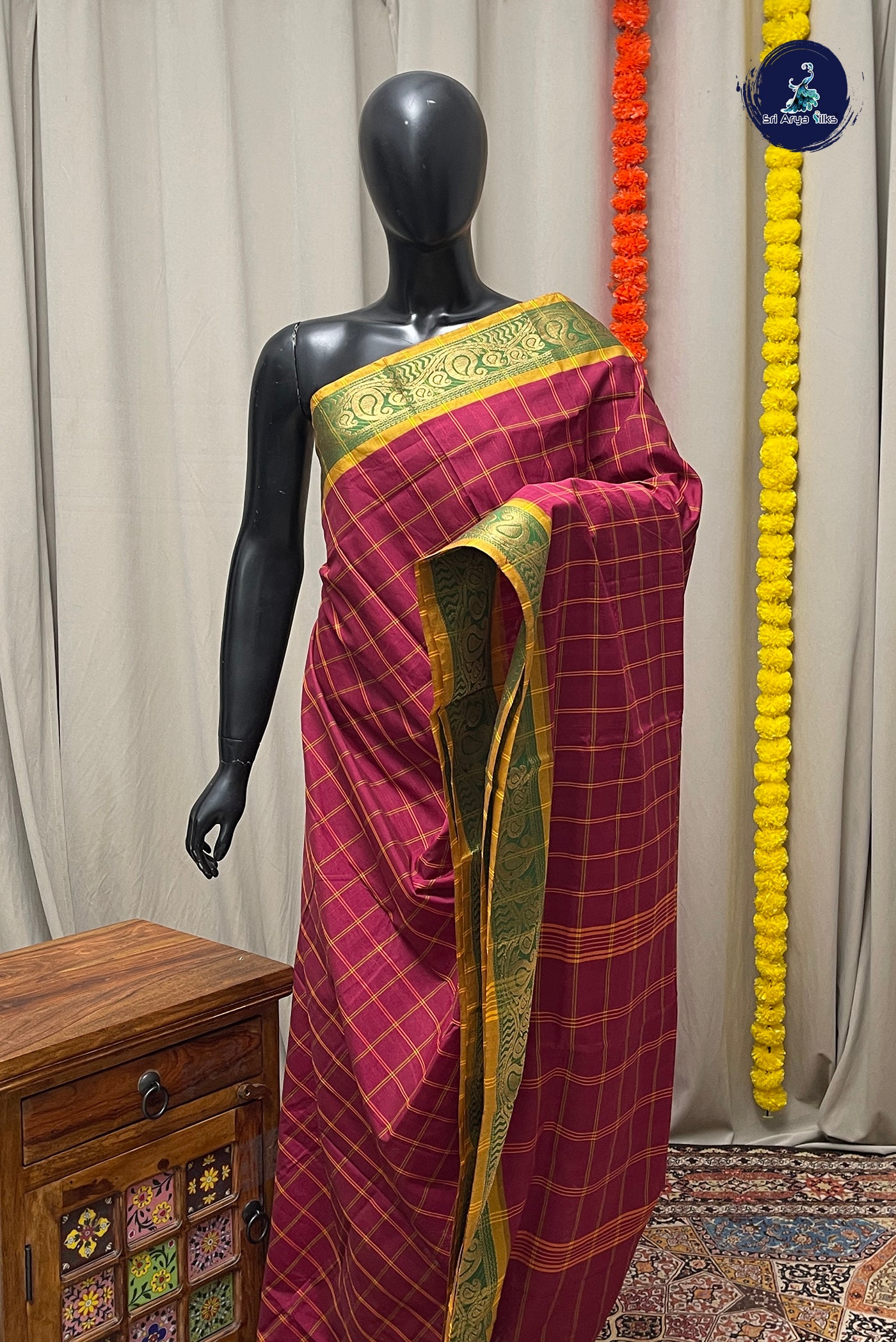 Pink Chettinad Cotton Saree With Checked Pattern