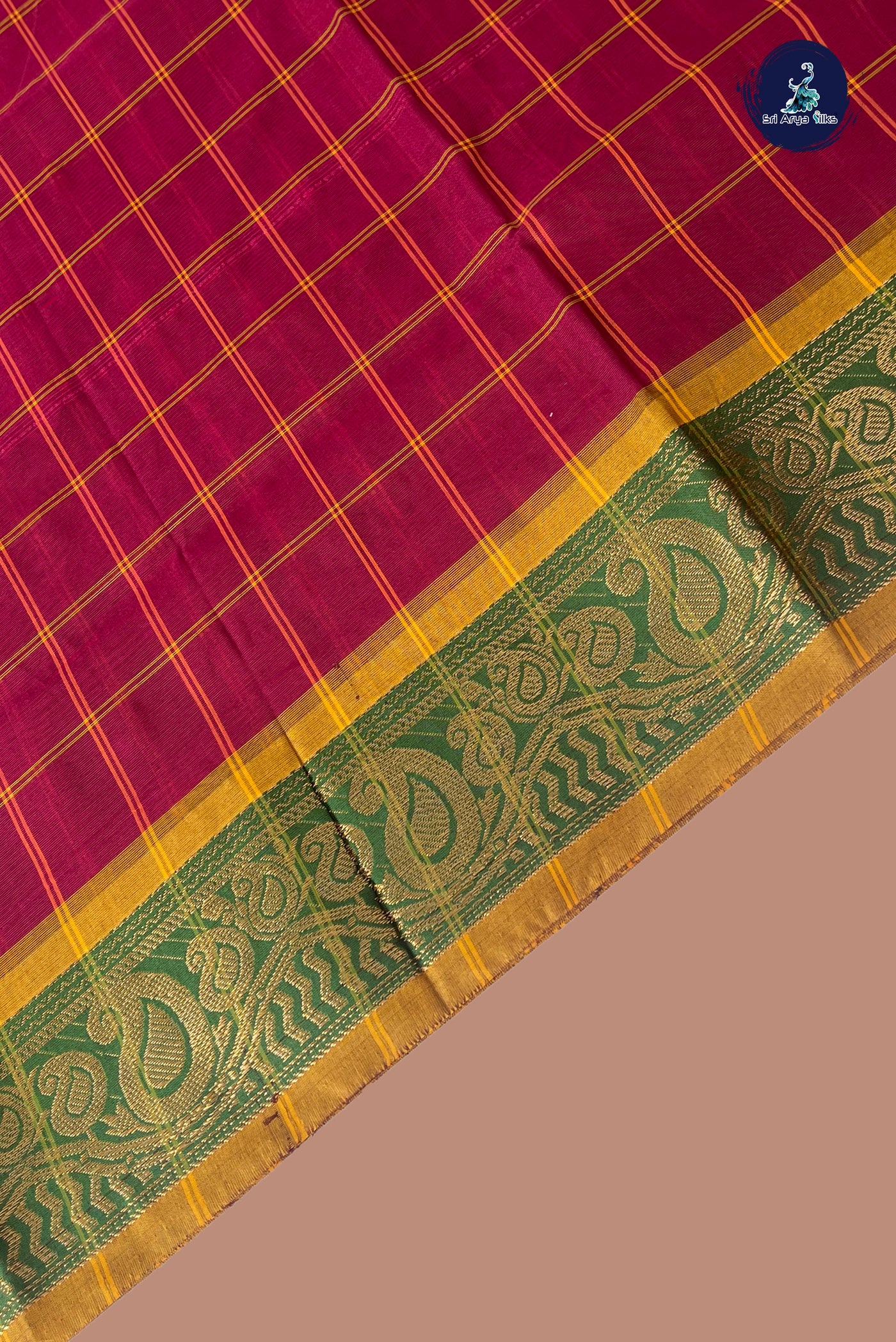 Pink Chettinad Cotton Saree With Checked Pattern