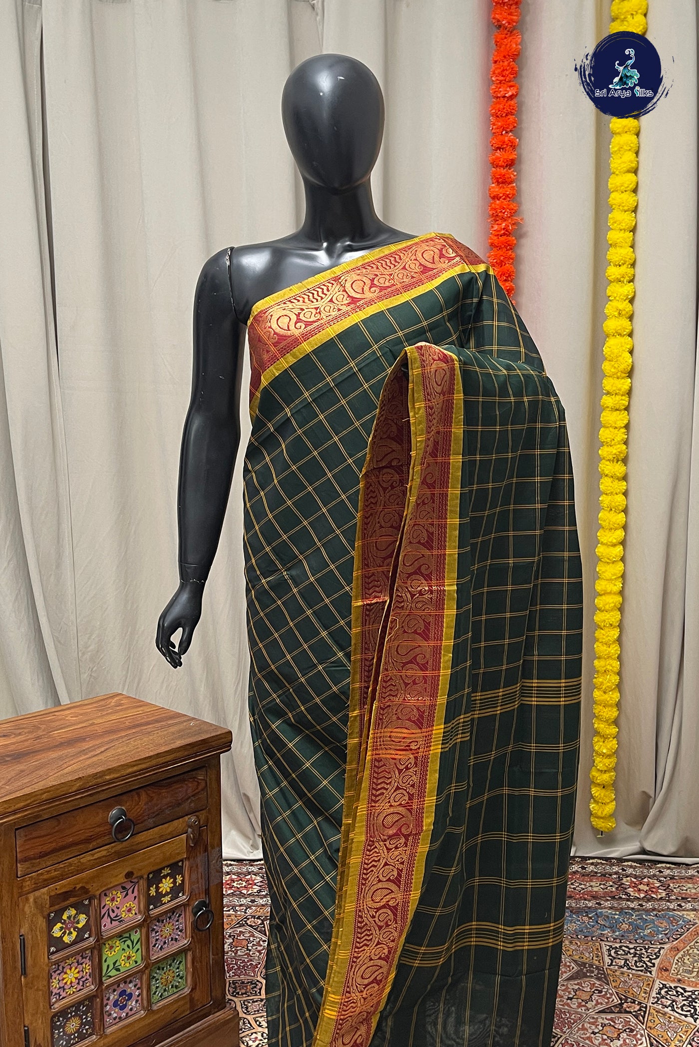 Dark Green Chettinad Cotton Saree With Checked Pattern