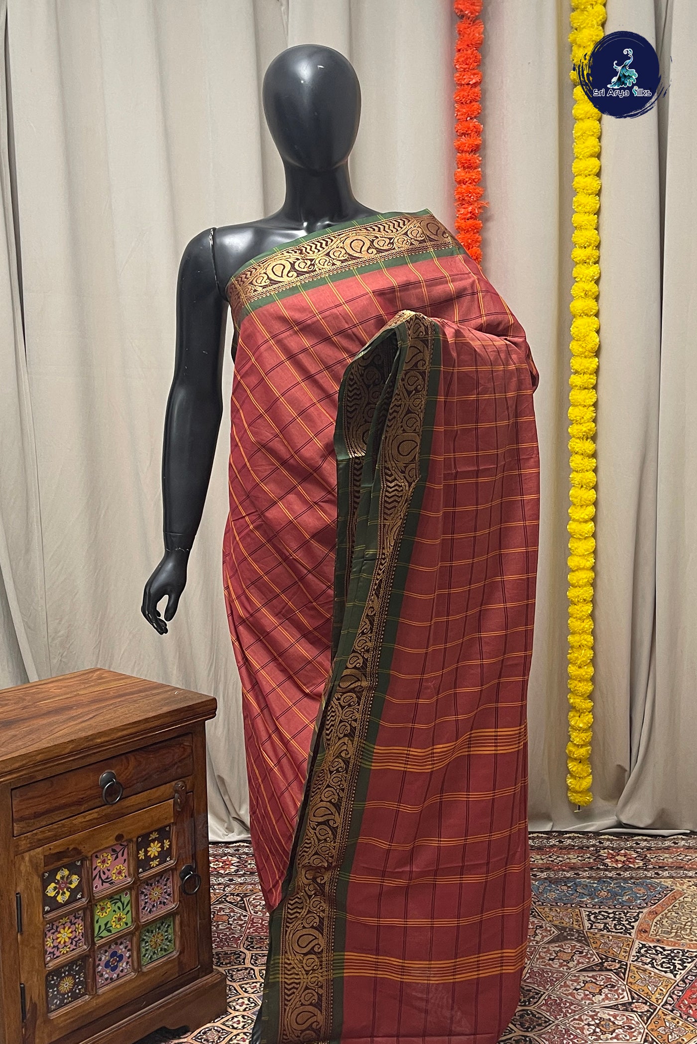 Light Brown Chettinad Cotton Saree With Checked Pattern