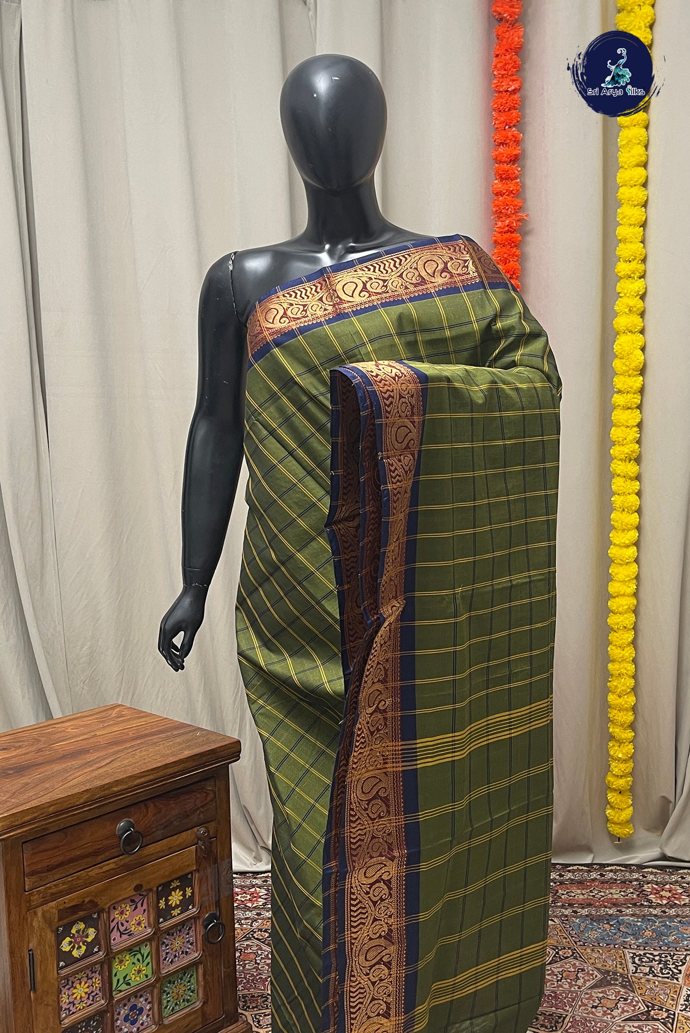 Green Chettinad Cotton Saree With Checked Pattern