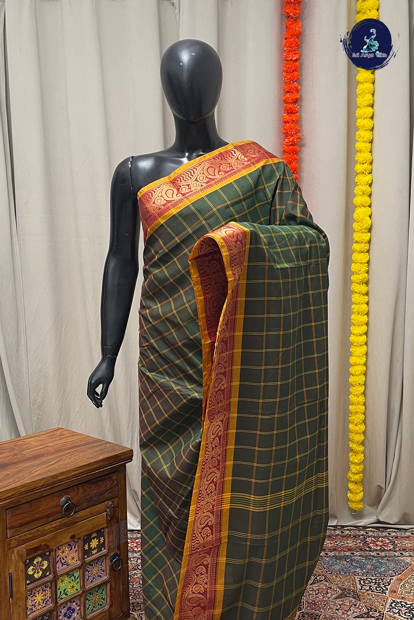 Green Chettinad Cotton Saree With Checked Pattern