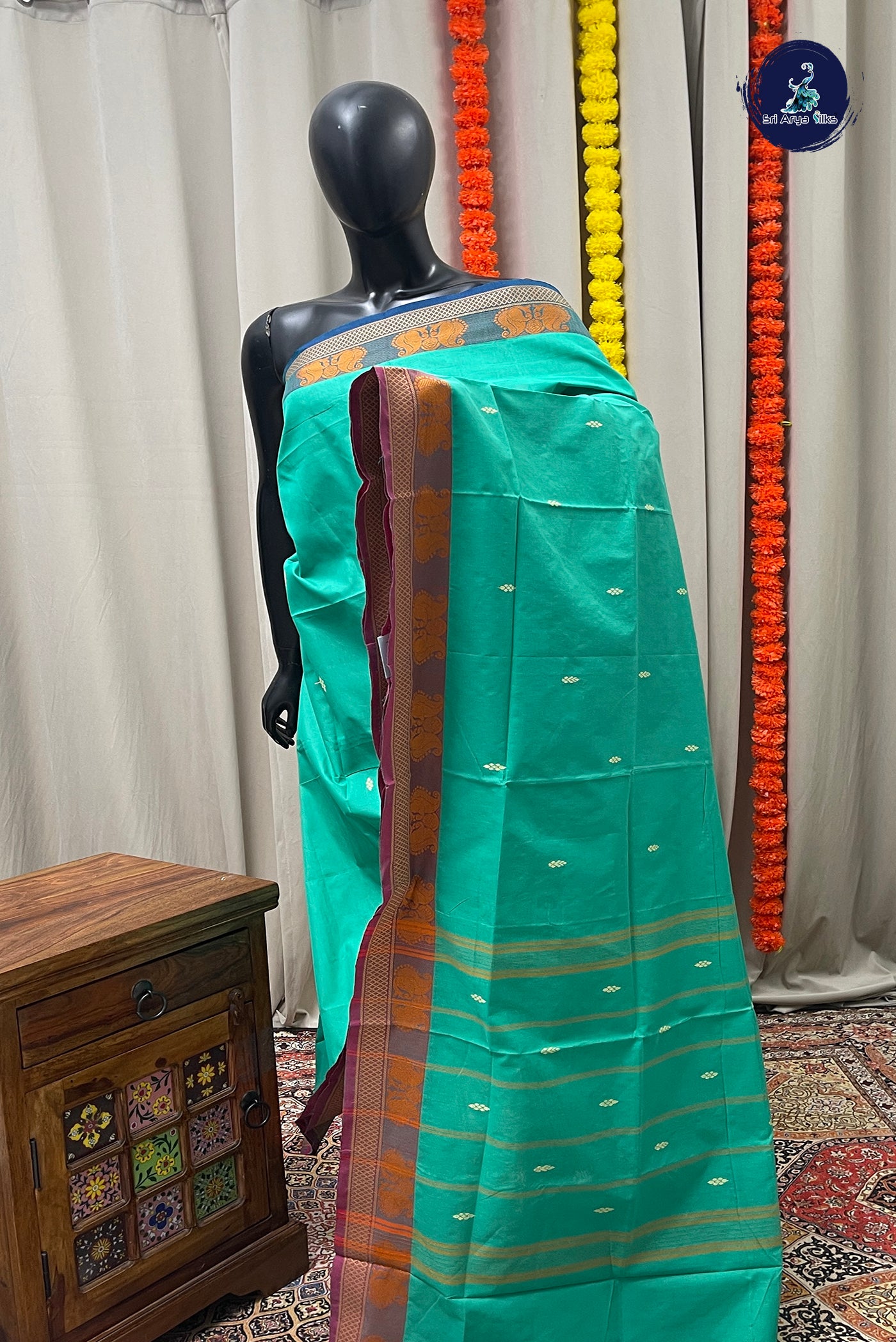 Green Chettinad Cotton Saree With Buttas Pattern