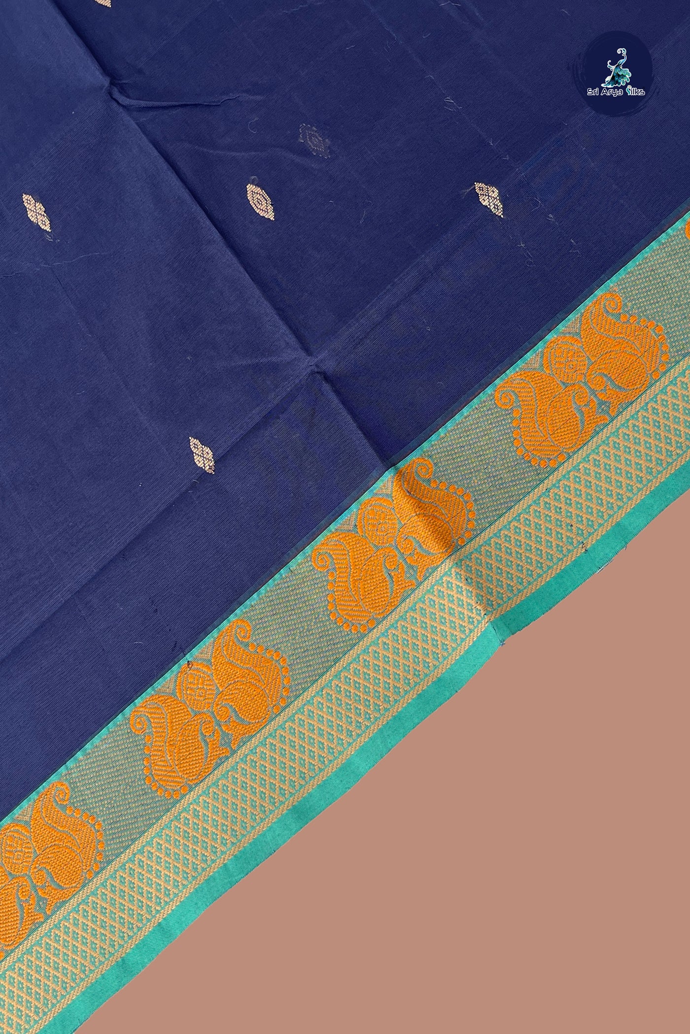 Navy Blue Chettinad Cotton Saree With Buttas Pattern