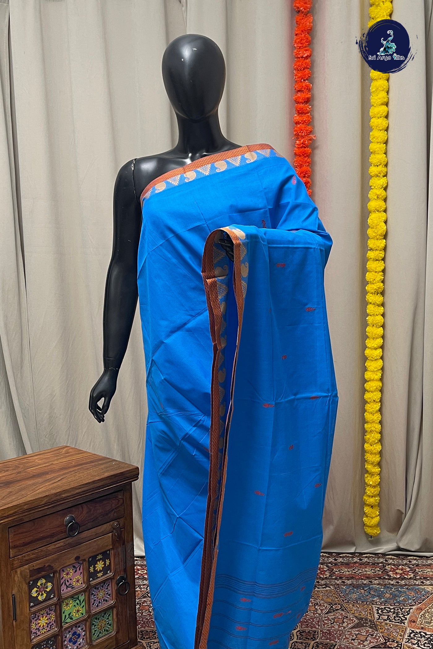 Blue Chettinad Cotton Saree With Buttas Pattern
