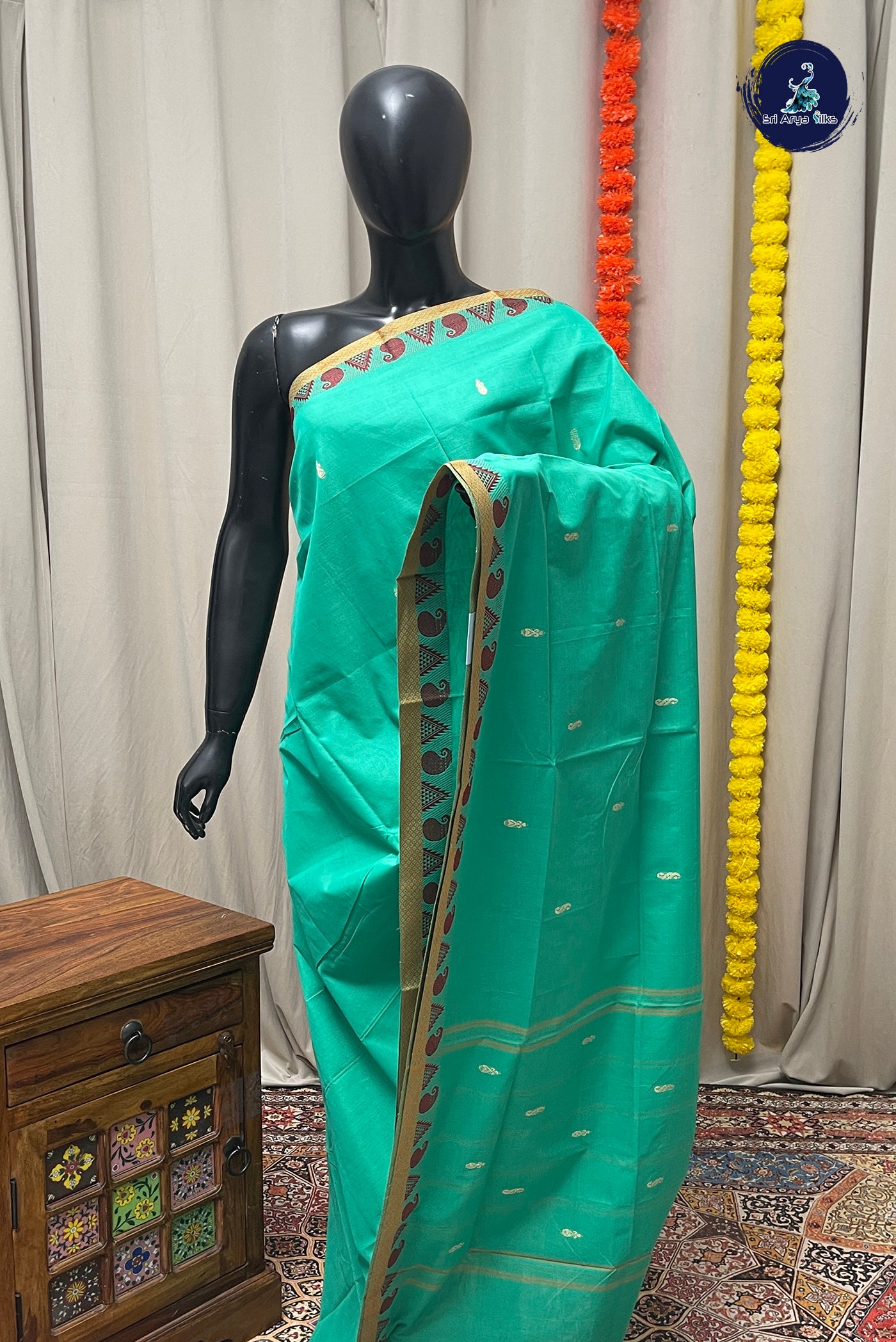 Green Chettinad Cotton Saree With Buttas Pattern