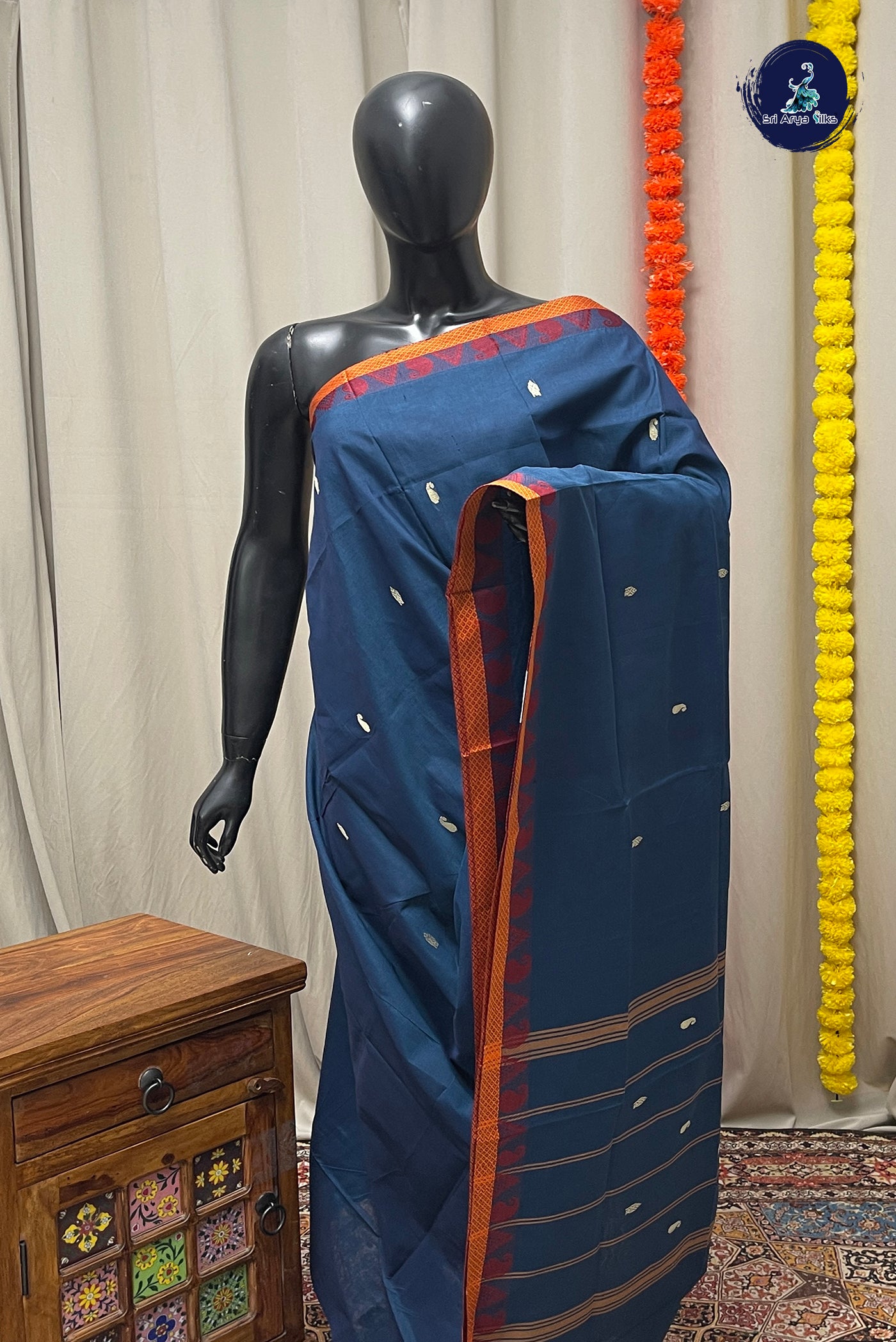 Dark Blue Chettinad Cotton Saree With Buttas Pattern