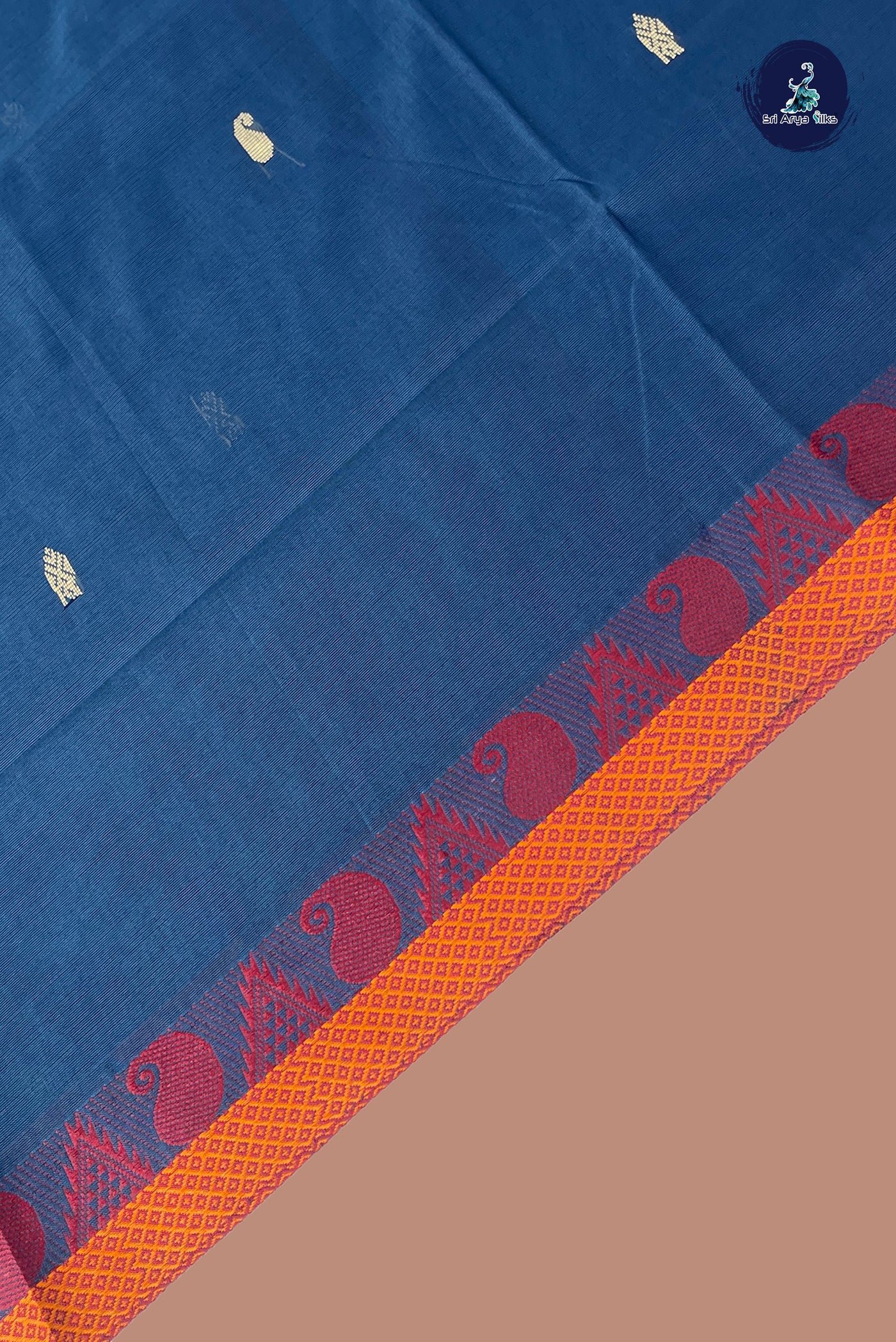 Dark Blue Chettinad Cotton Saree With Buttas Pattern