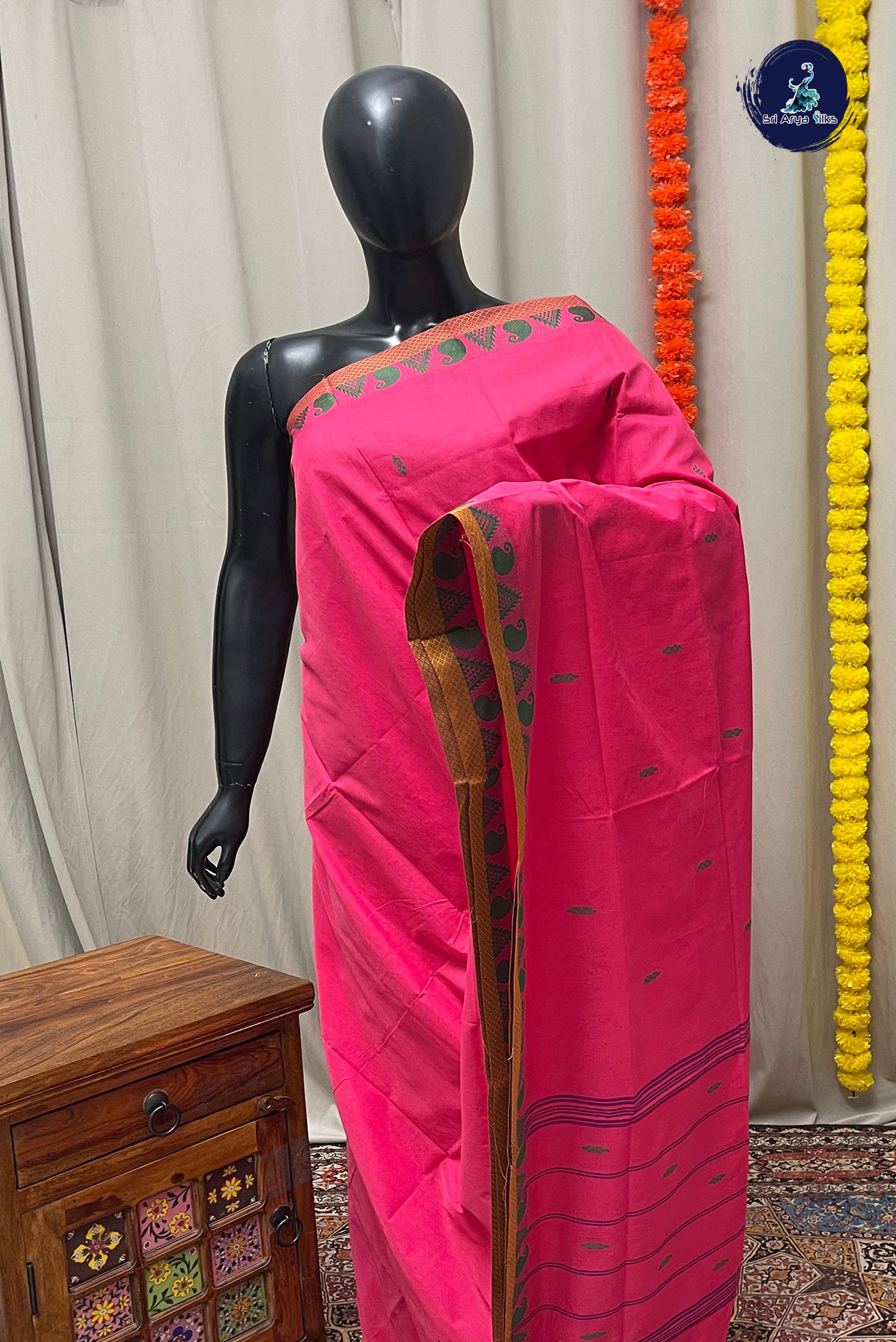 Pink Chettinad Cotton Saree With Buttas Pattern