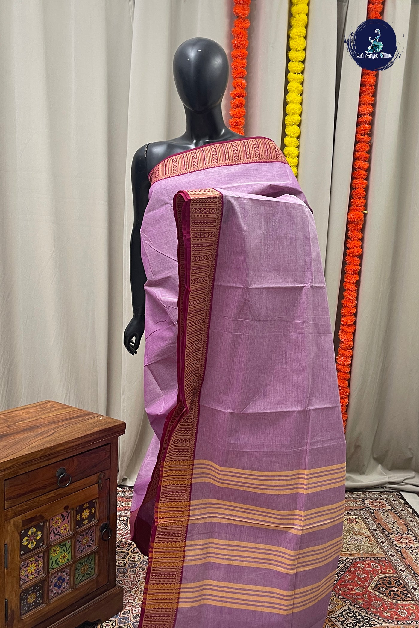 Greyish Purple Chettinad Cotton Saree With Plain Pattern
