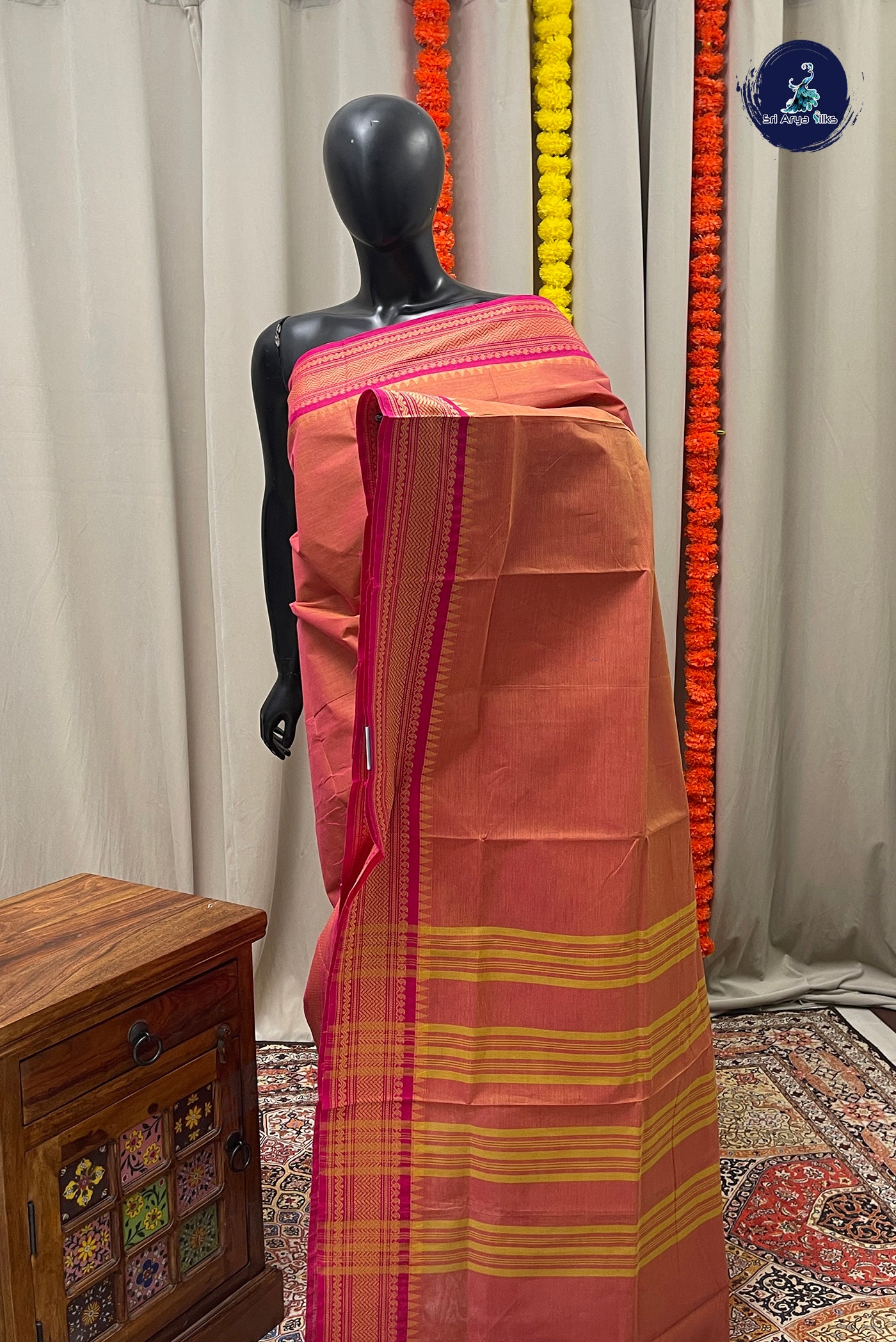Orange Chettinad Cotton Saree With Plain Pattern