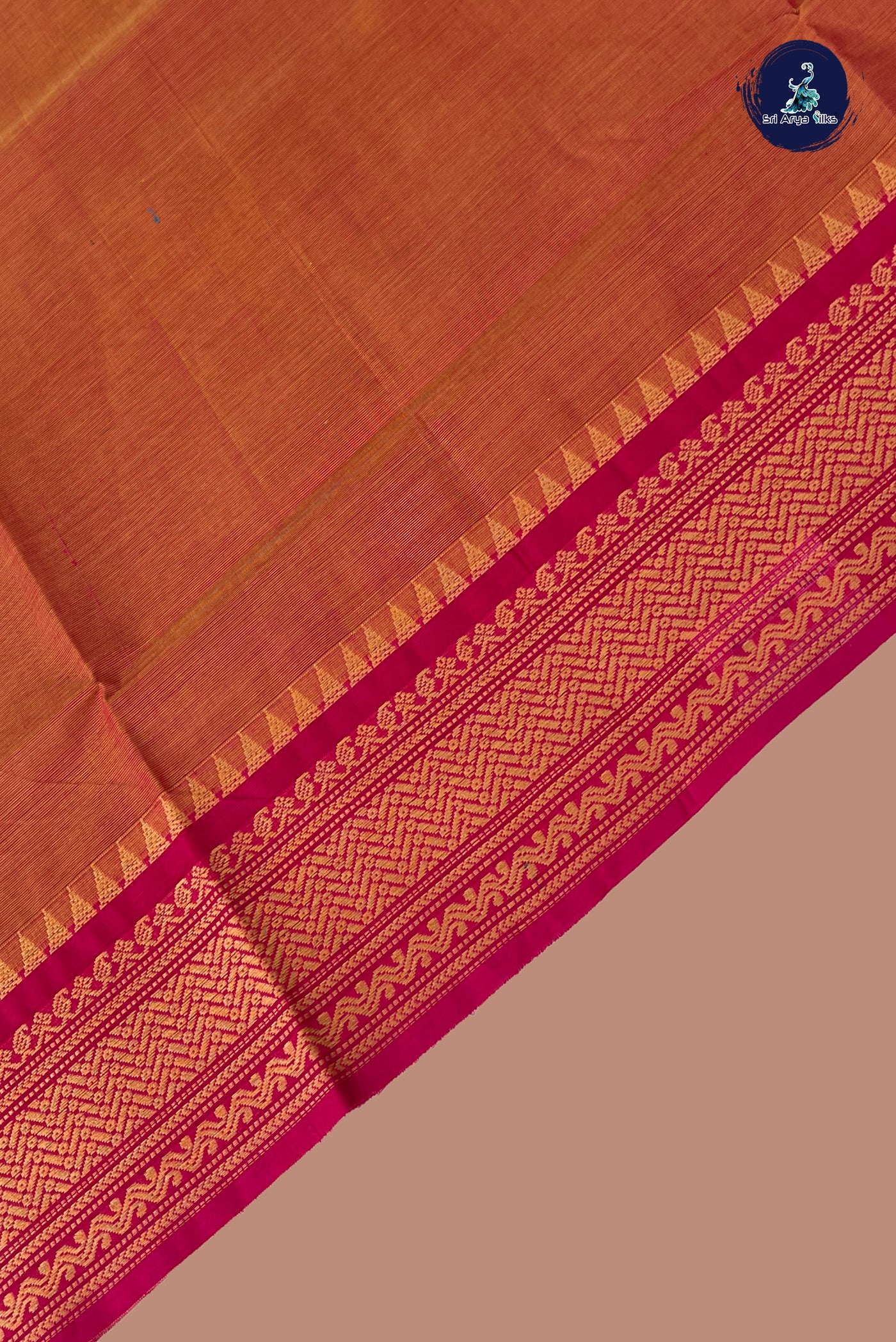 Orange Chettinad Cotton Saree With Plain Pattern