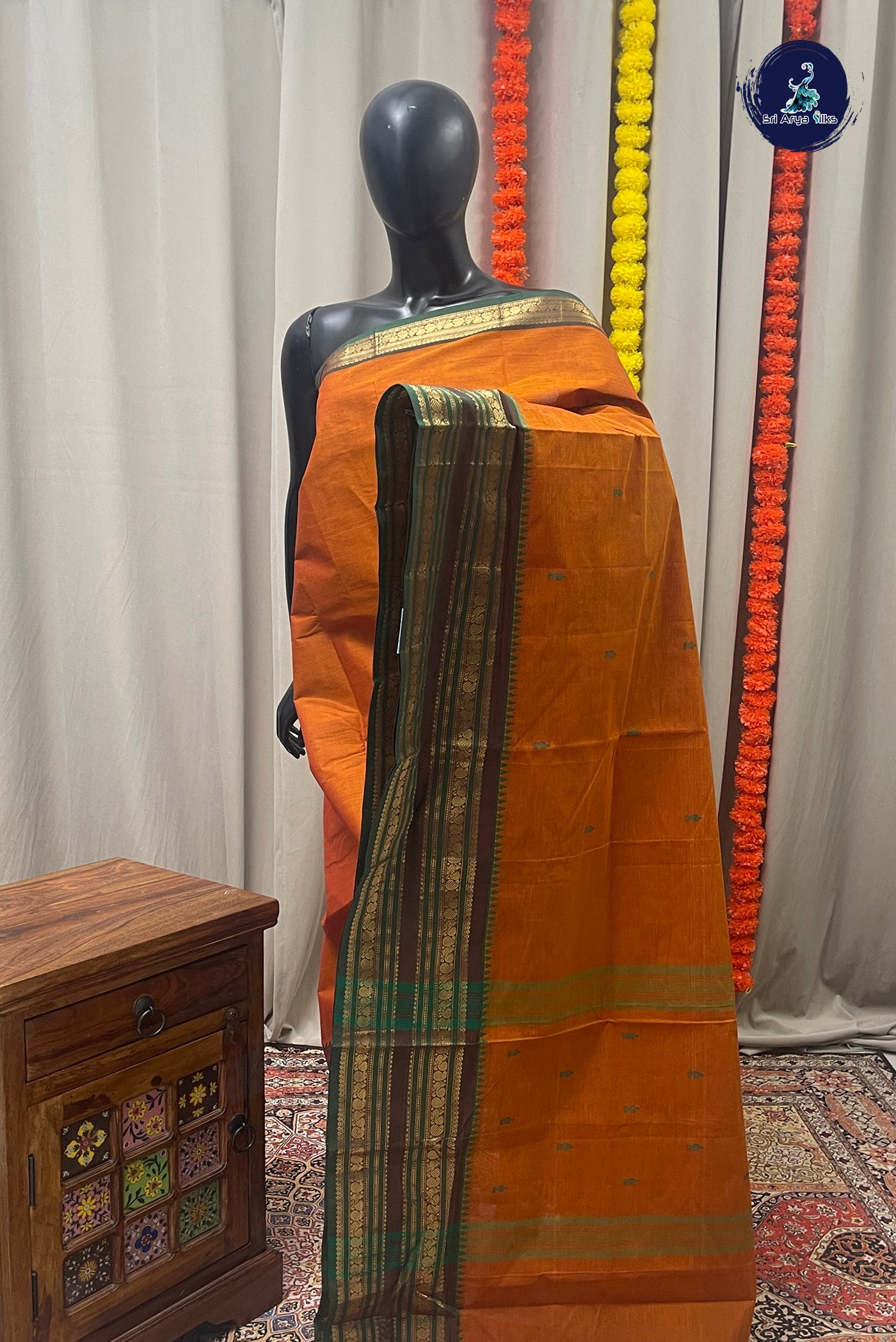 Lite Mustard Orange Chettinad Cotton Saree With Buttas Pattern