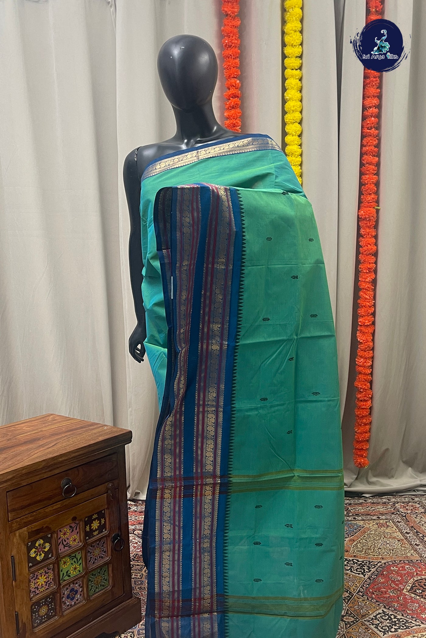 Bluish Green Chettinad Cotton Saree With Buttas Pattern