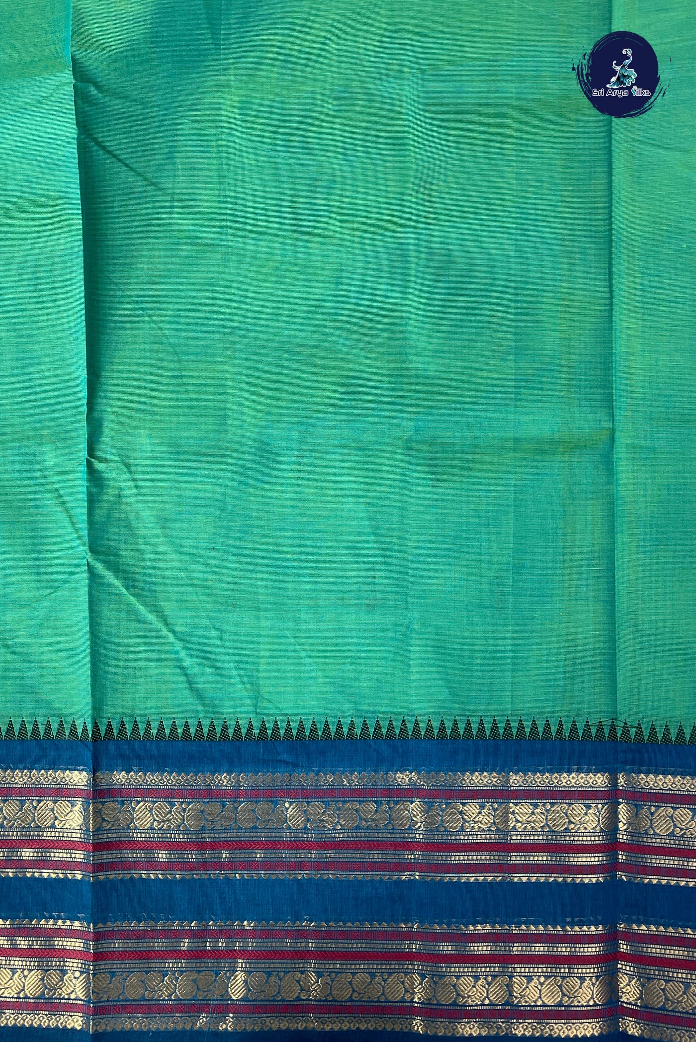 Bluish Green Chettinad Cotton Saree With Buttas Pattern