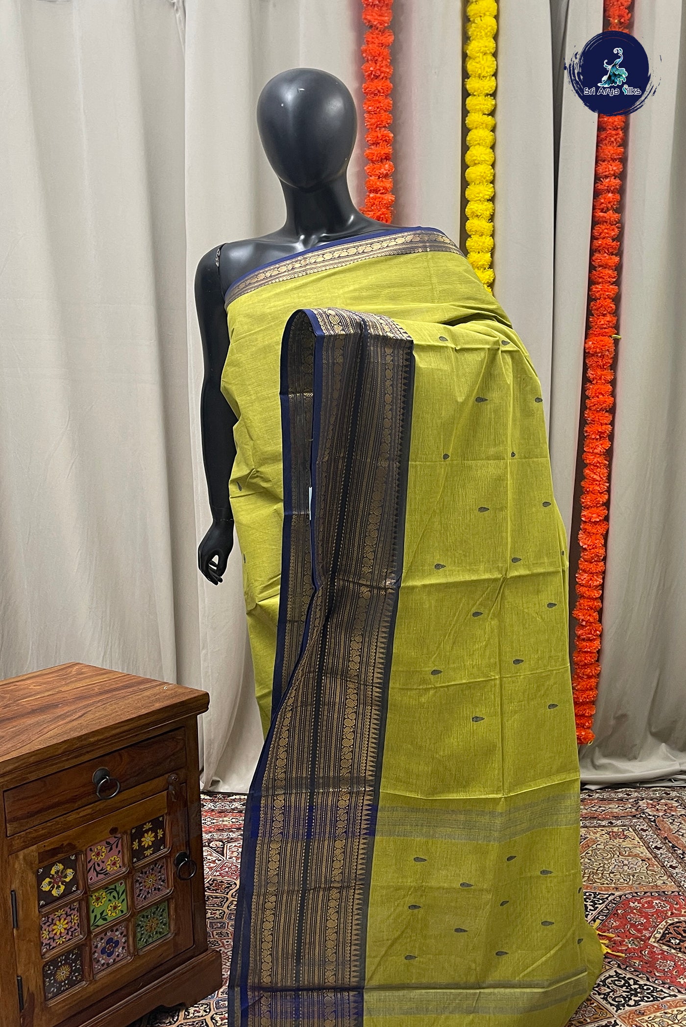 Lime Green Chettinad Cotton Saree With Buttas Pattern