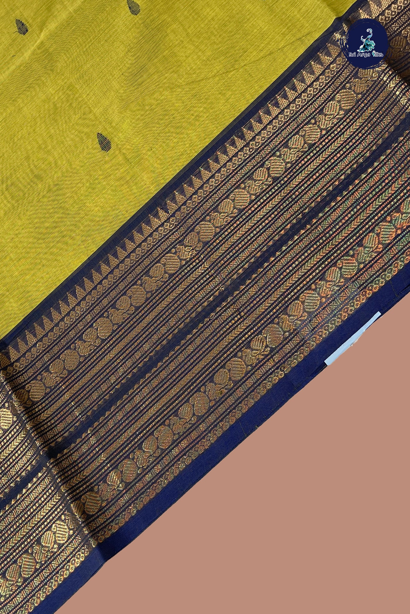 Lime Green Chettinad Cotton Saree With Buttas Pattern