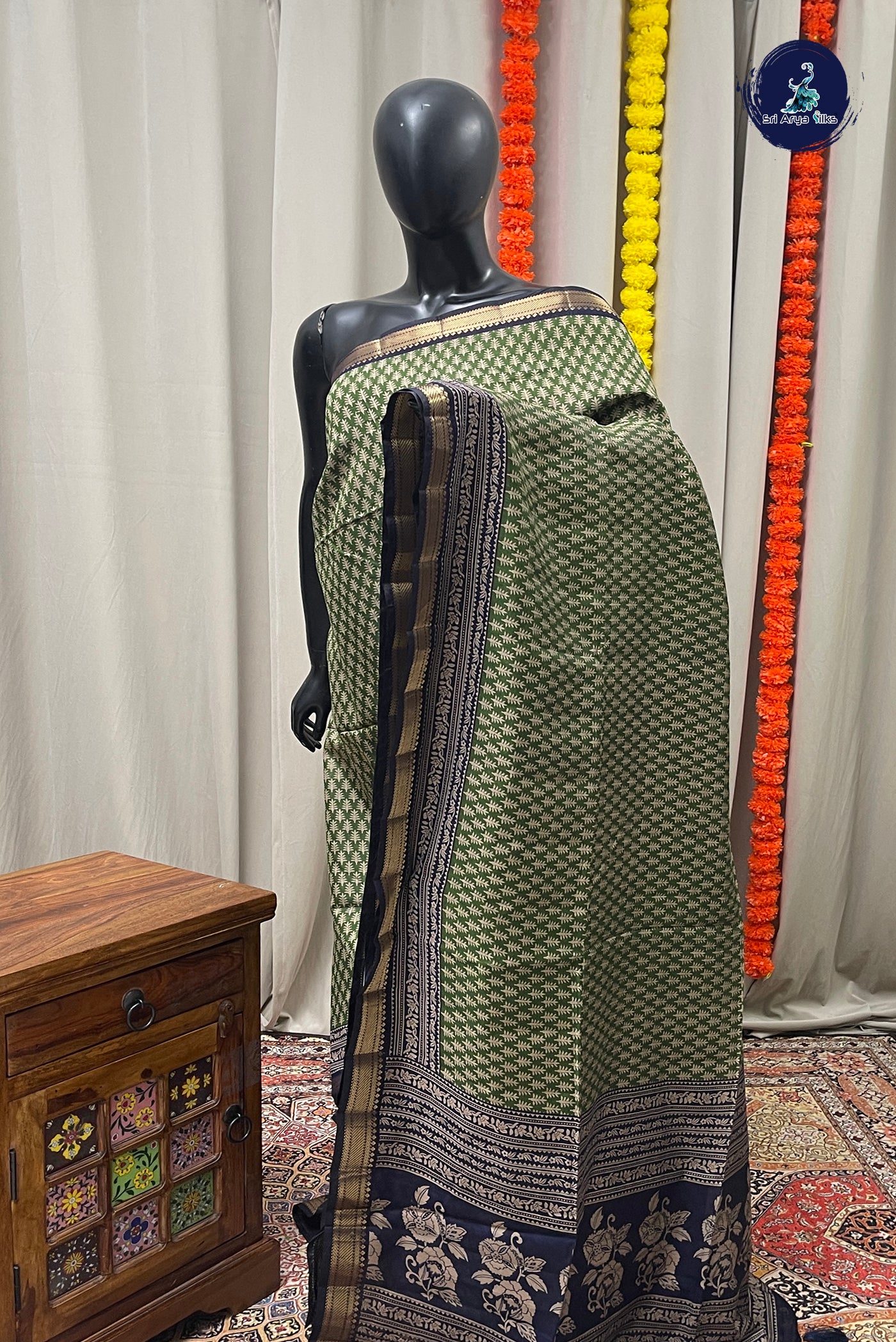 Green Semi Chanderi Saree With Printed Pattern