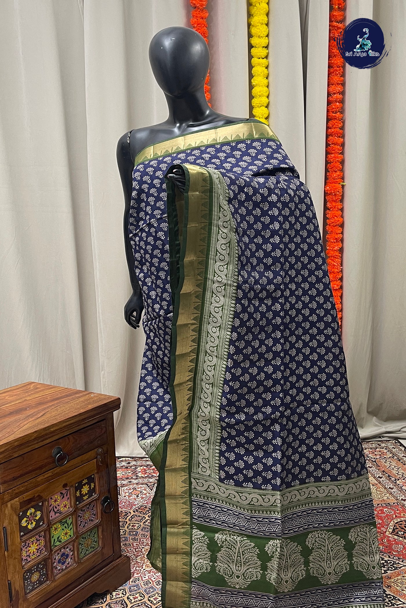 Navy Blue Semi Chanderi Saree With Printed Pattern