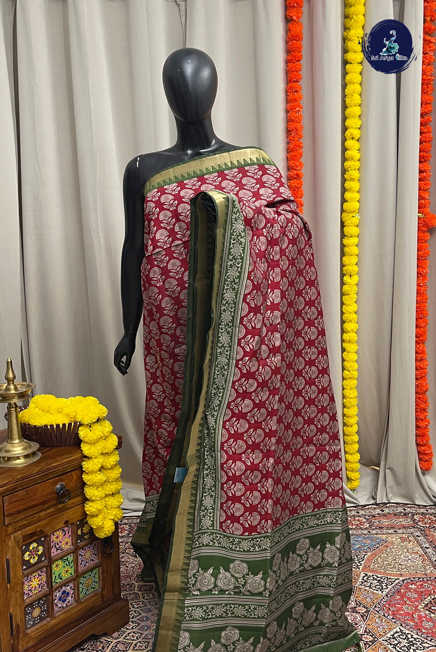 Red Semi Chanderi Saree With Printed Pattern