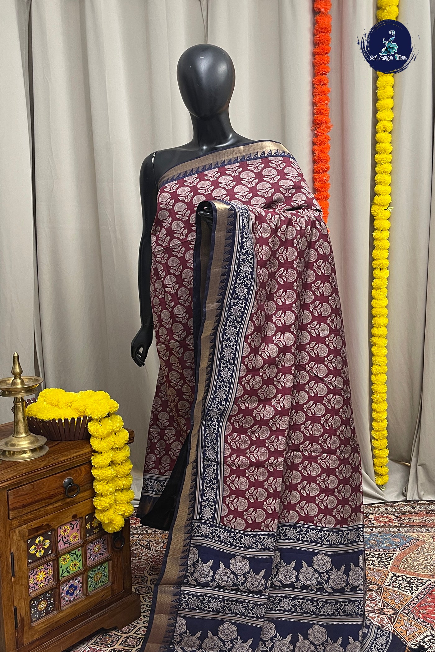 Maroon Semi Chanderi Saree With Printed Pattern