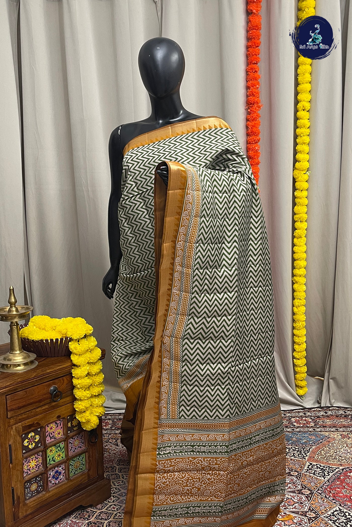 Green Semi Chanderi Saree With Printed Pattern
