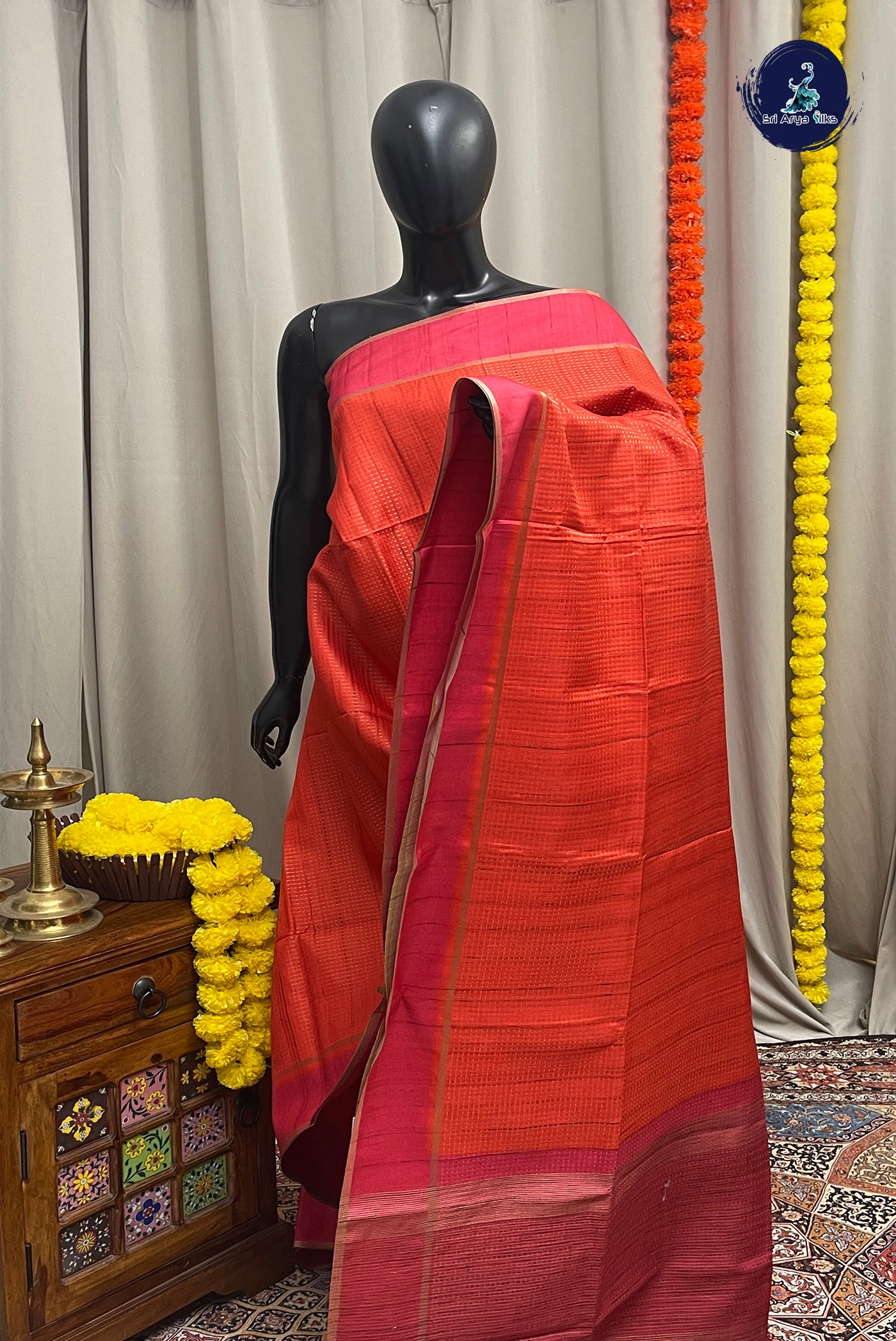 Orange Semi Tussar Saree With Zari Woven Pattern