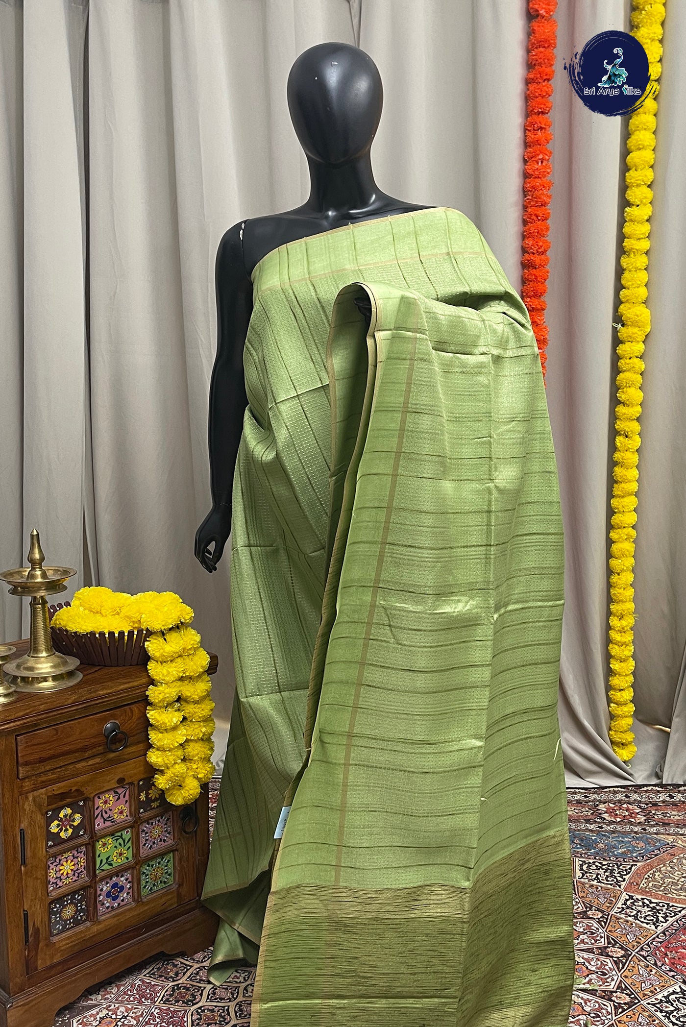 Pista Green Semi Tussar Saree With Zari Woven Pattern