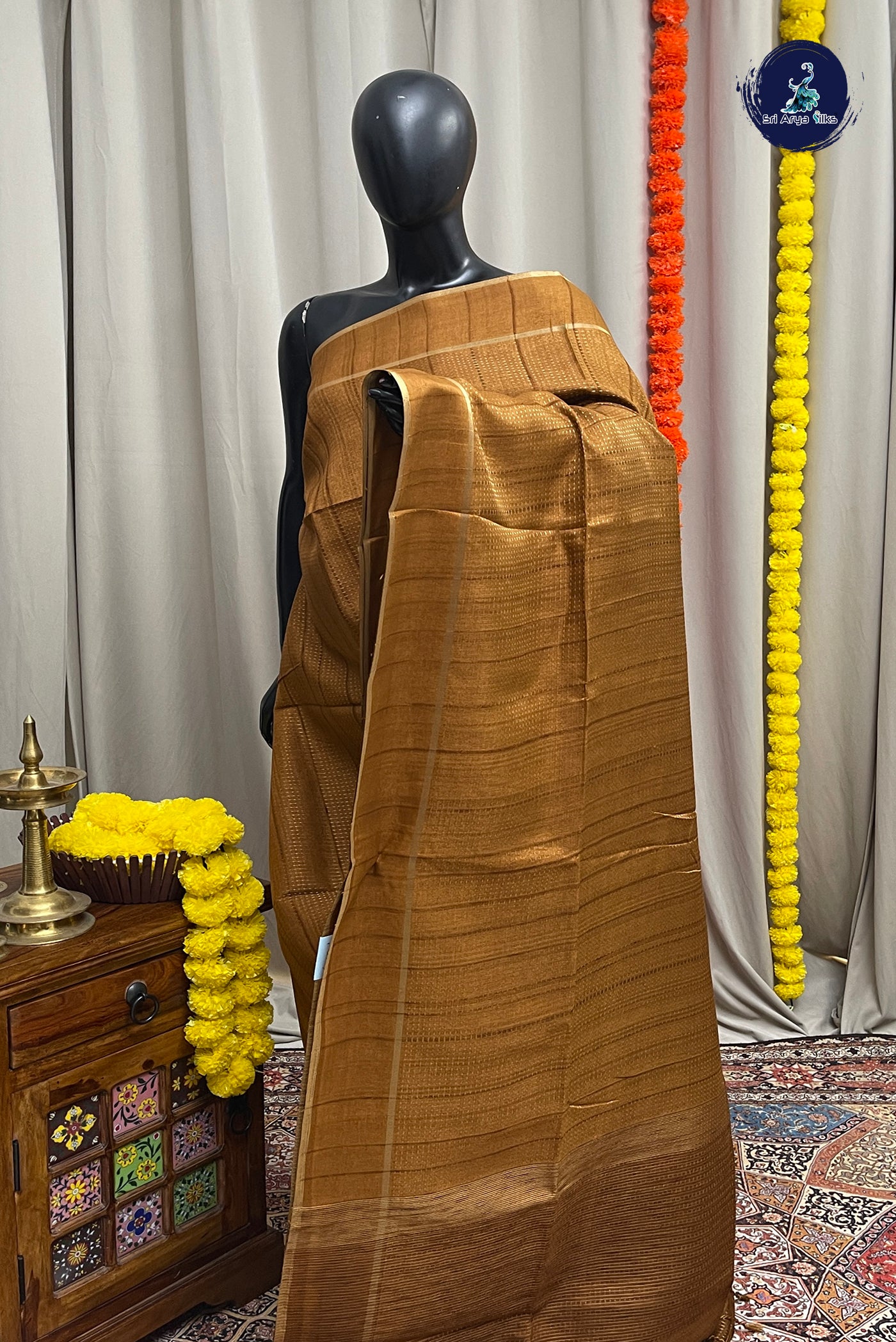 Golden Mustard Semi Tussar Saree With Zari Woven Pattern