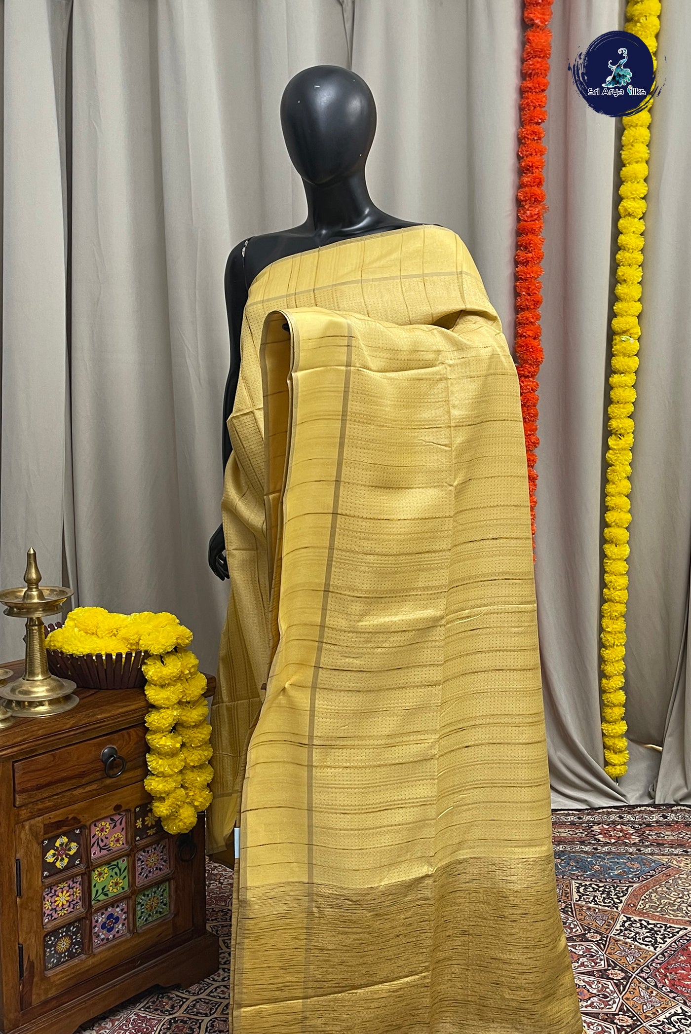 Creamish Yellow Semi Tussar Saree With Zari Woven Pattern