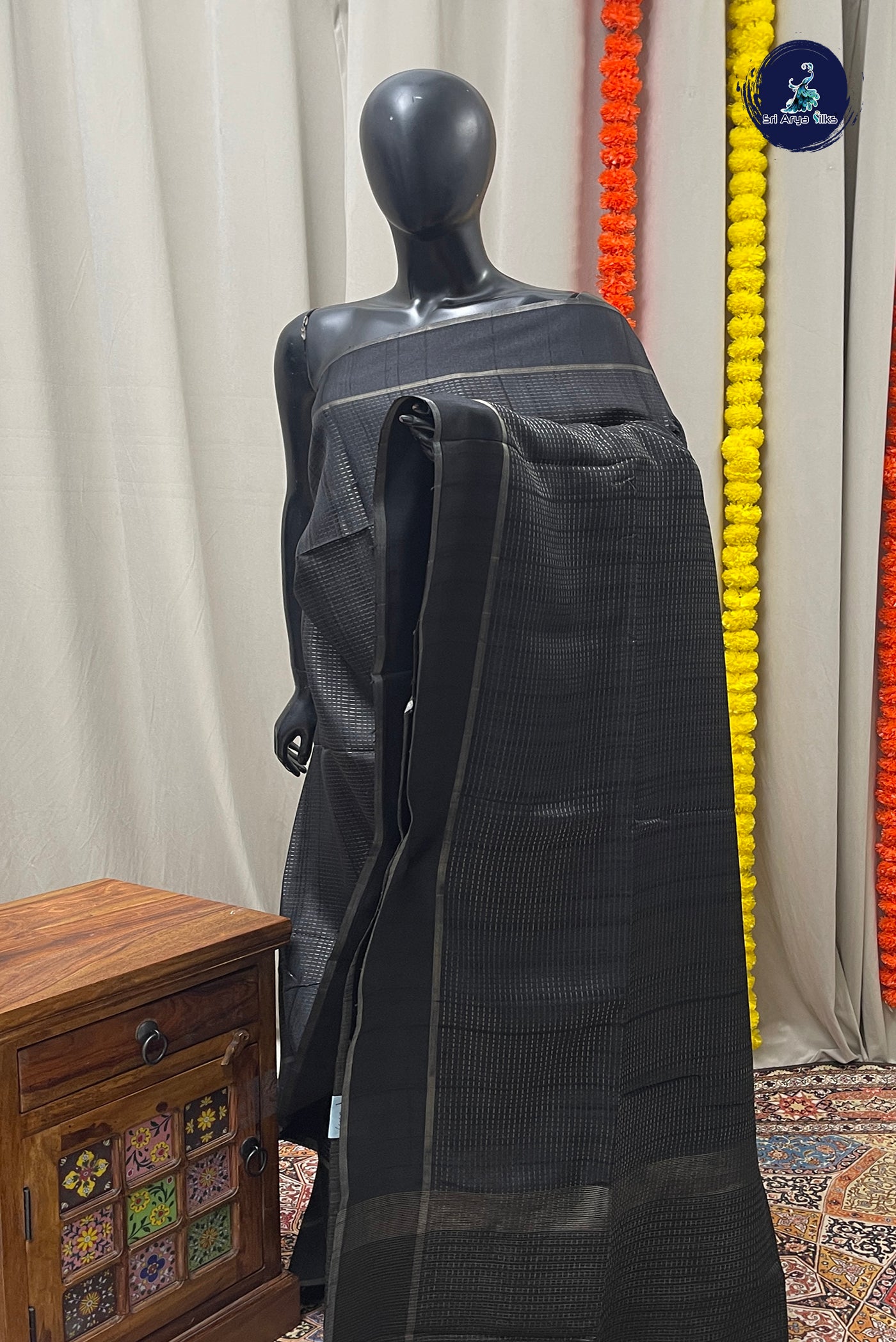 Black Semi Tussar Saree With Zari Woven Pattern