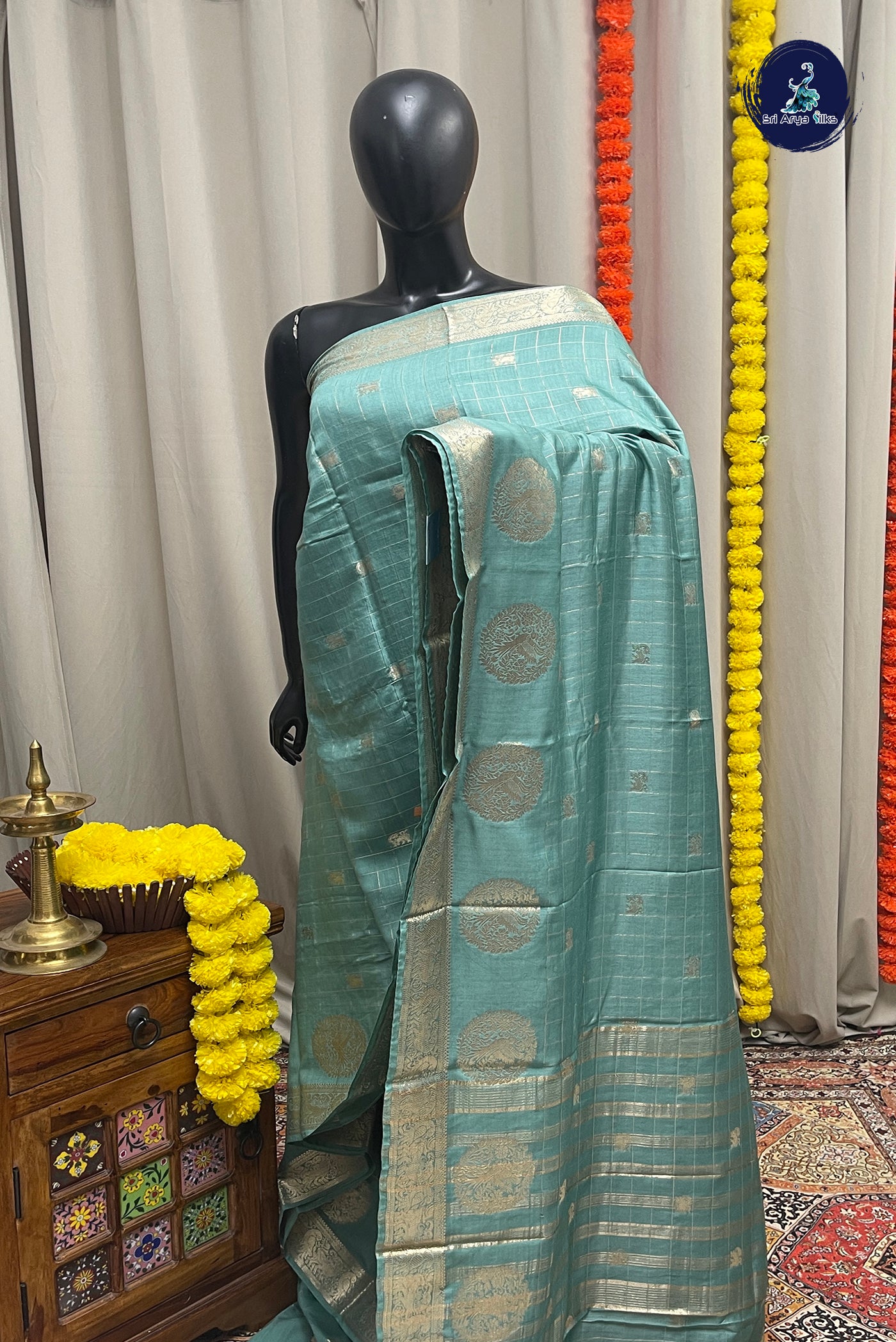 Pastel Shade Semi Mysore Silk With Zari Checked Pattern