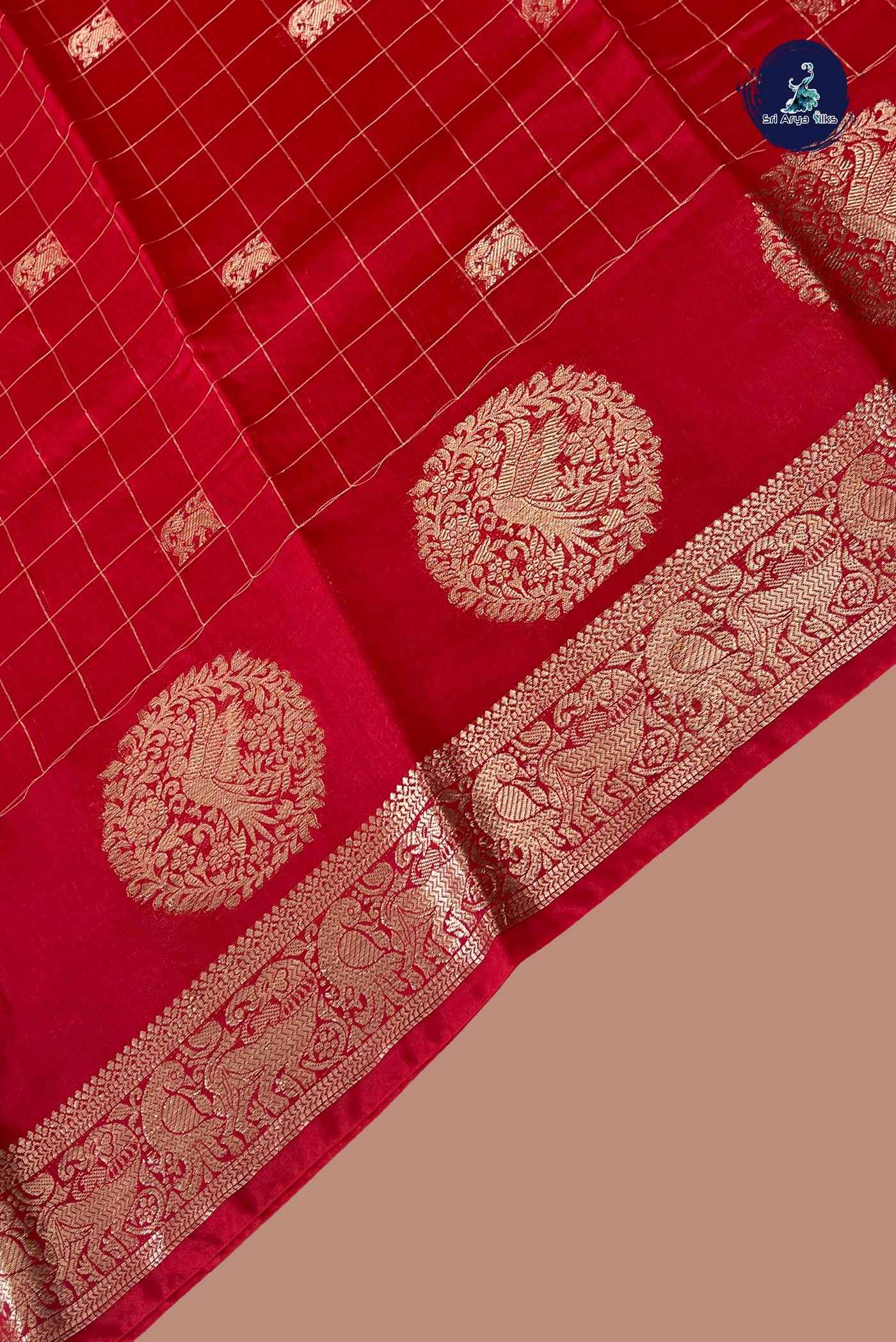 Red Semi Mysore Silk With Zari Checked Pattern