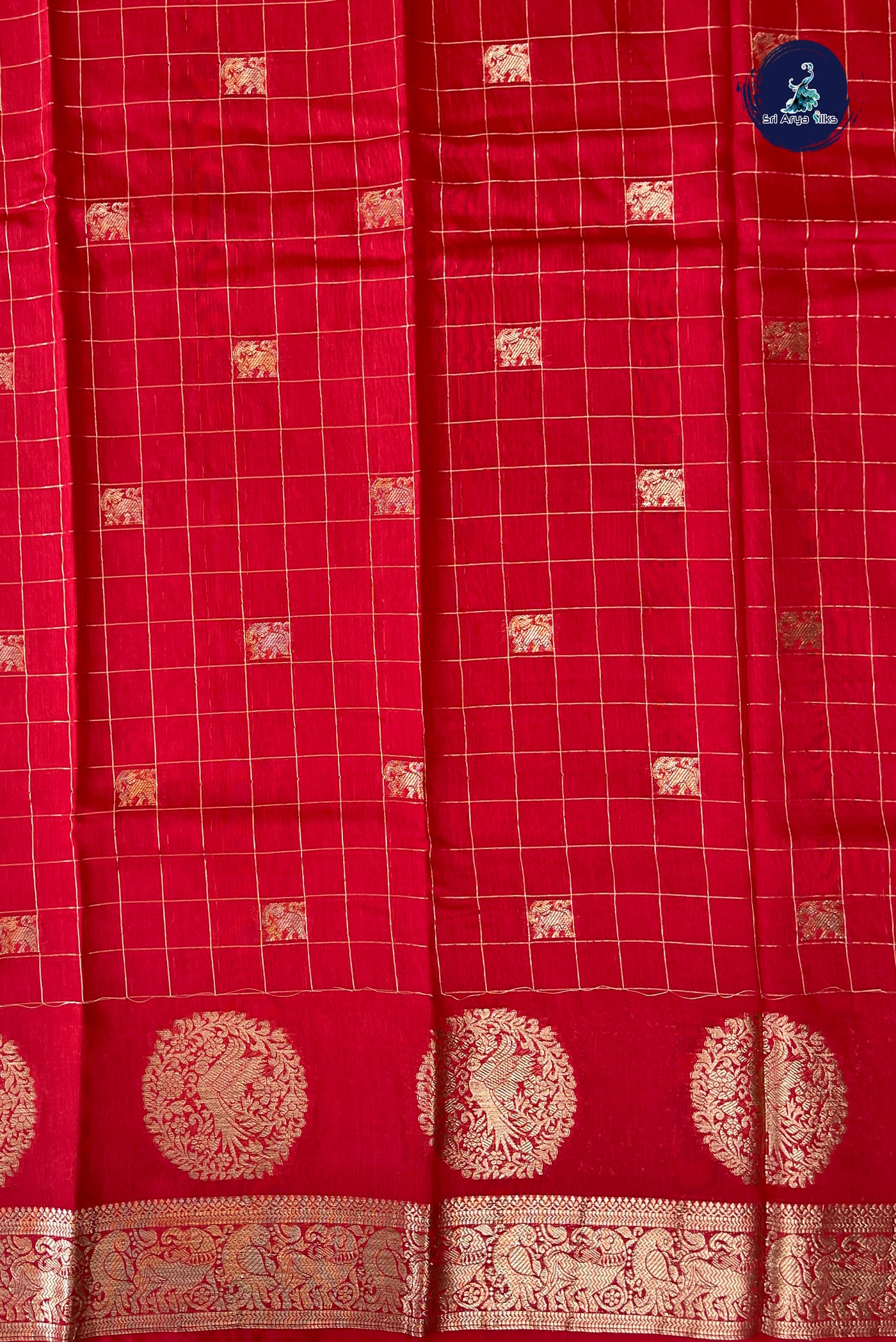 Red Semi Mysore Silk With Zari Checked Pattern
