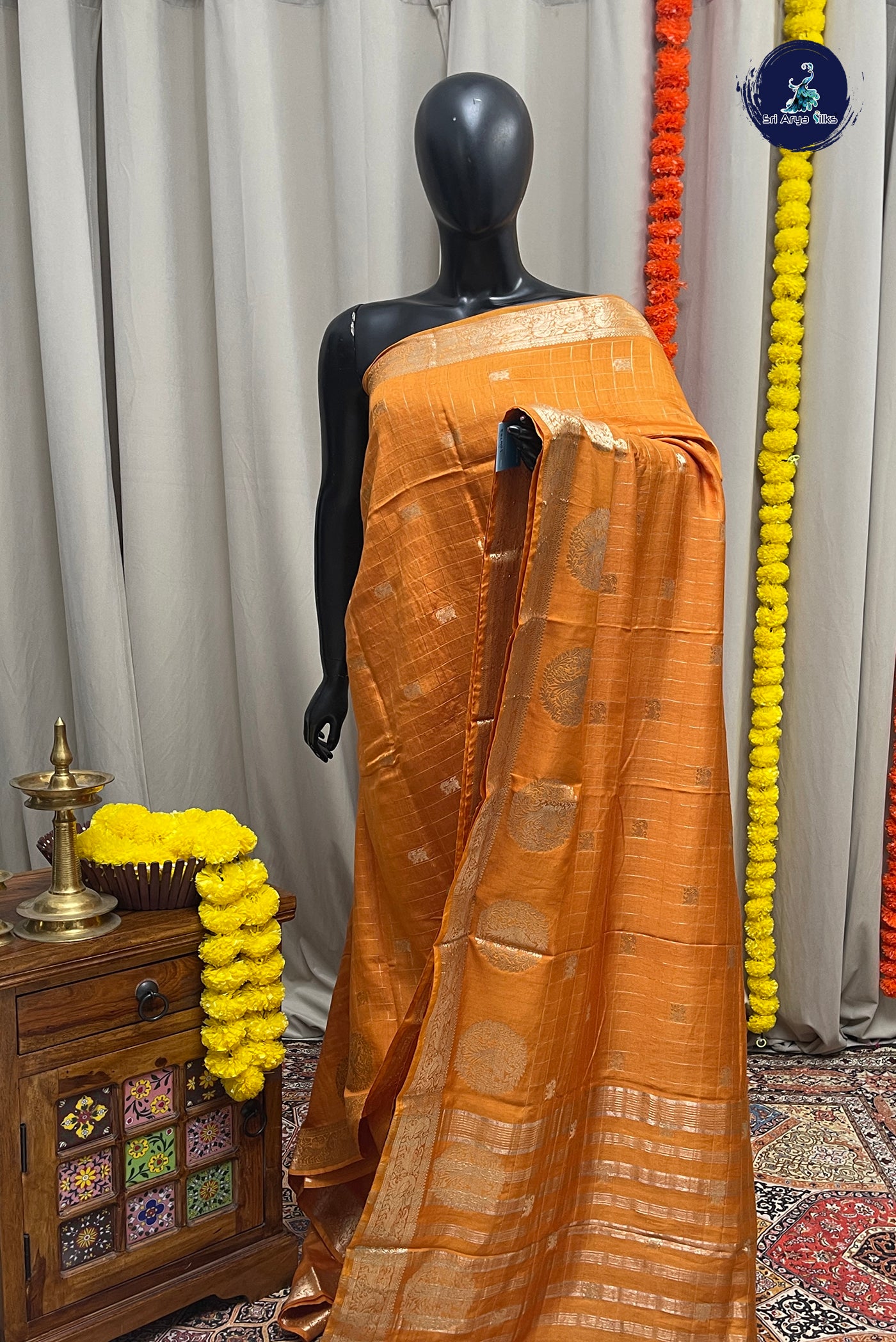 Mustard Yellow Semi Mysore Silk With Zari Checked Pattern