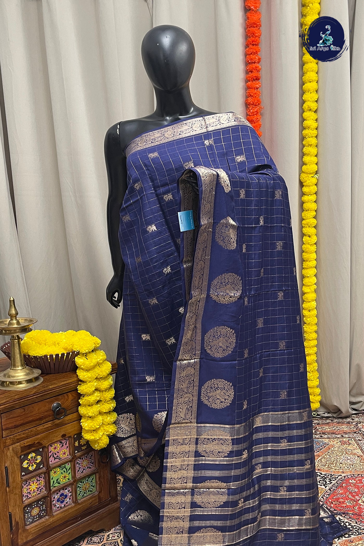 Navy Blue Semi Mysore Silk With Zari Checked Pattern