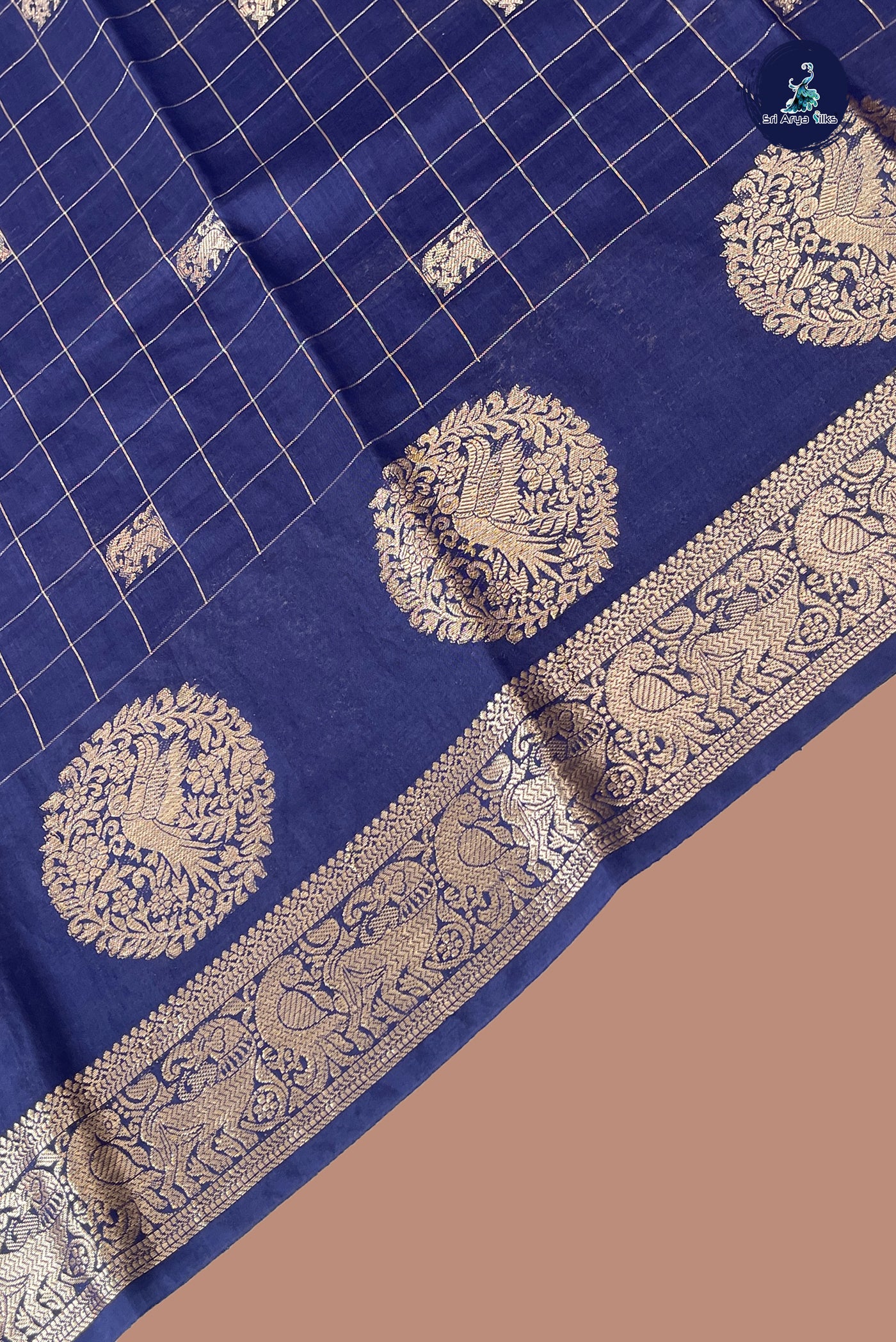 Navy Blue Semi Mysore Silk With Zari Checked Pattern