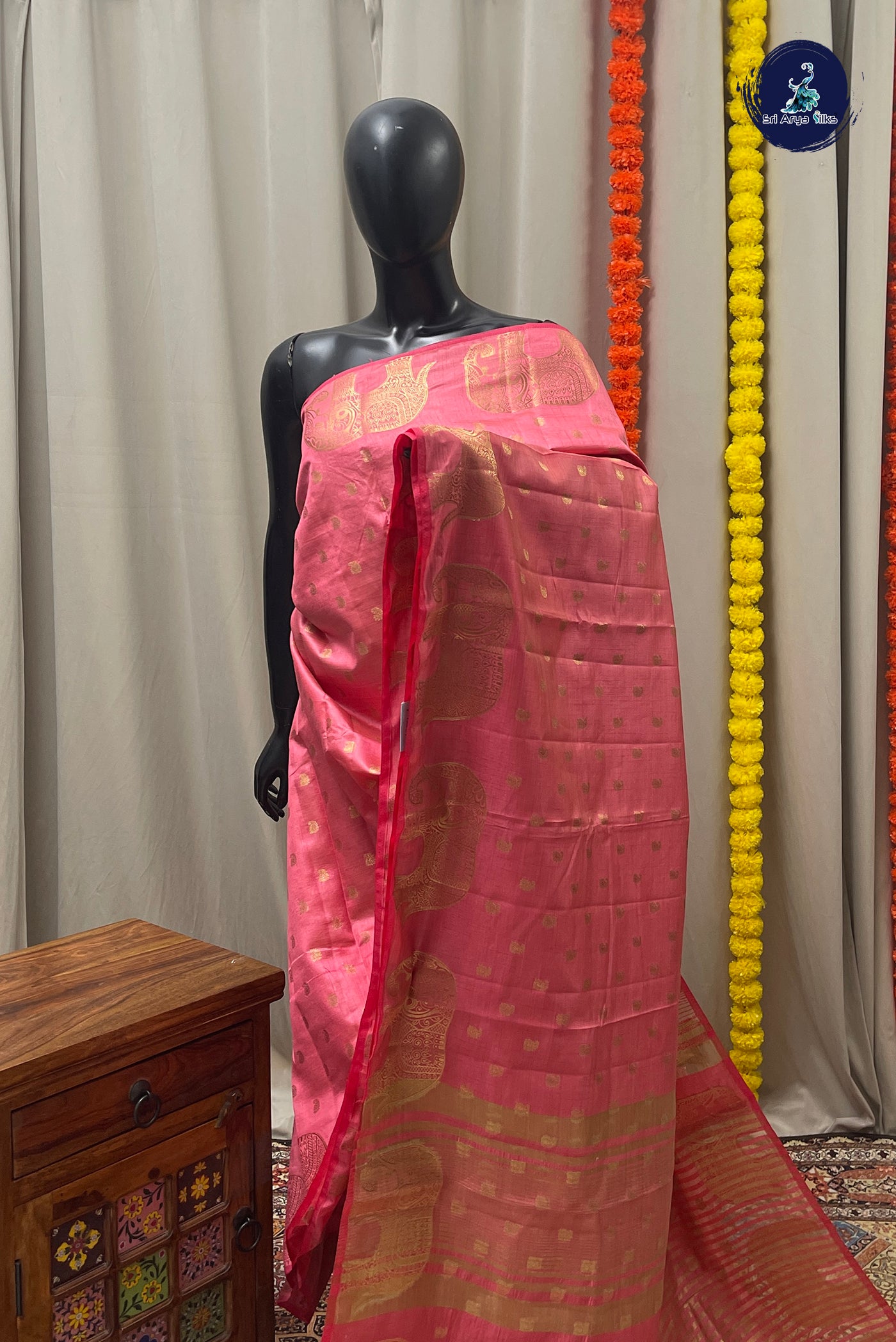 Pink Semi Tussar Saree With Zari Buttas Pattern