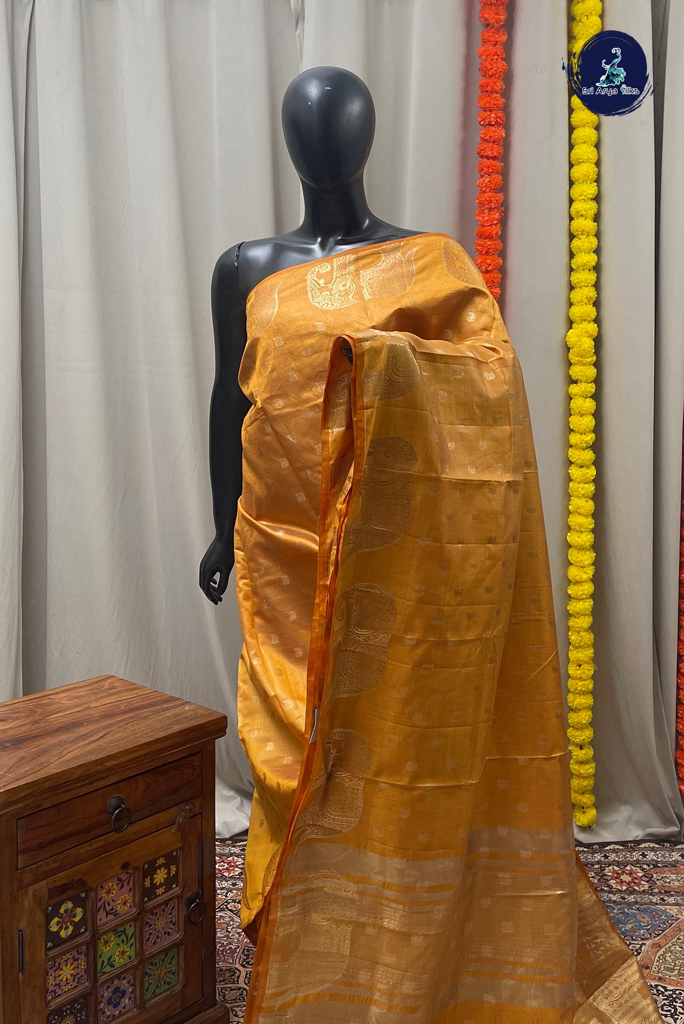 Mustard Yellow Semi Tussar Saree With Zari Buttas Pattern
