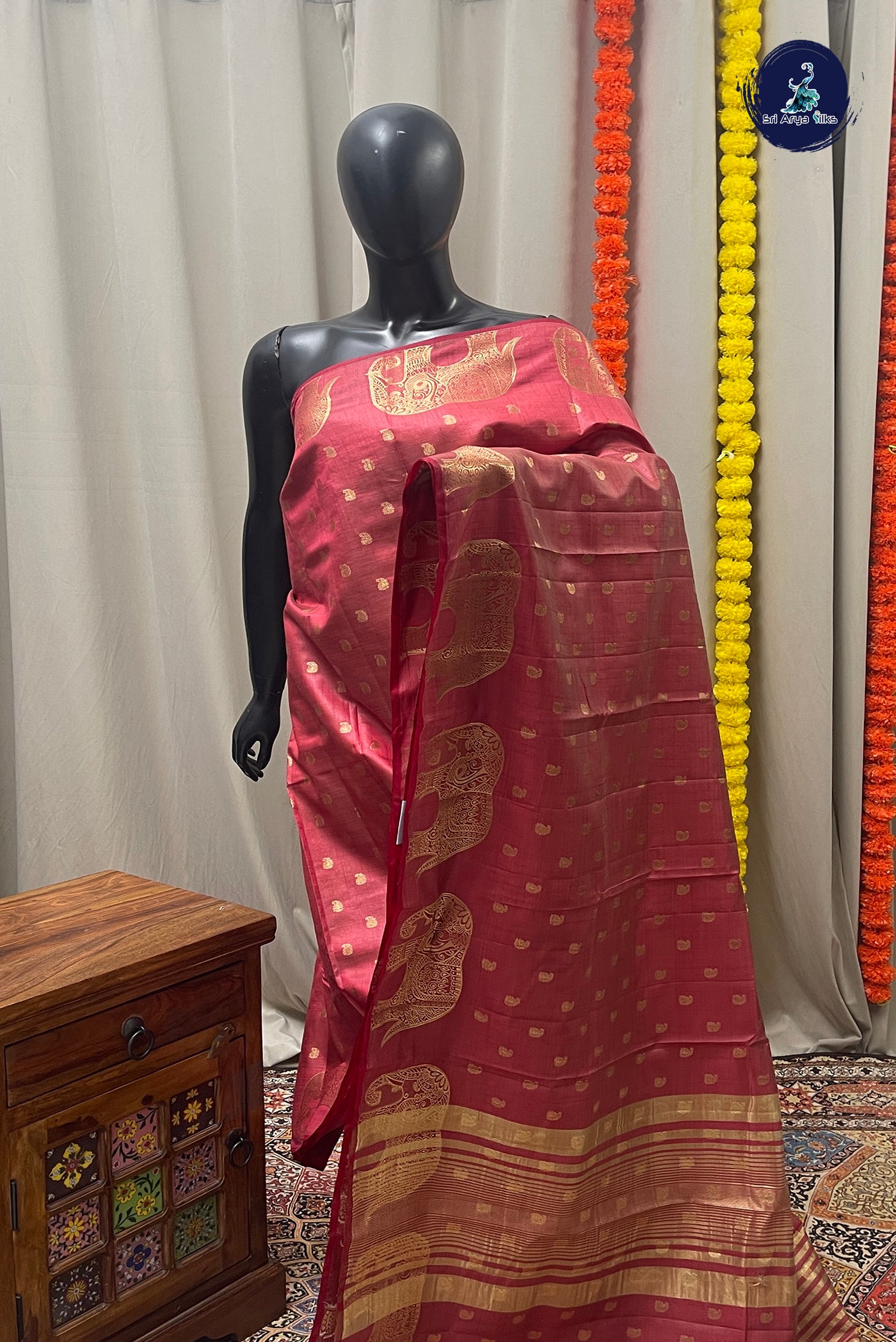 Red Semi Tussar Saree With Zari Buttas Pattern