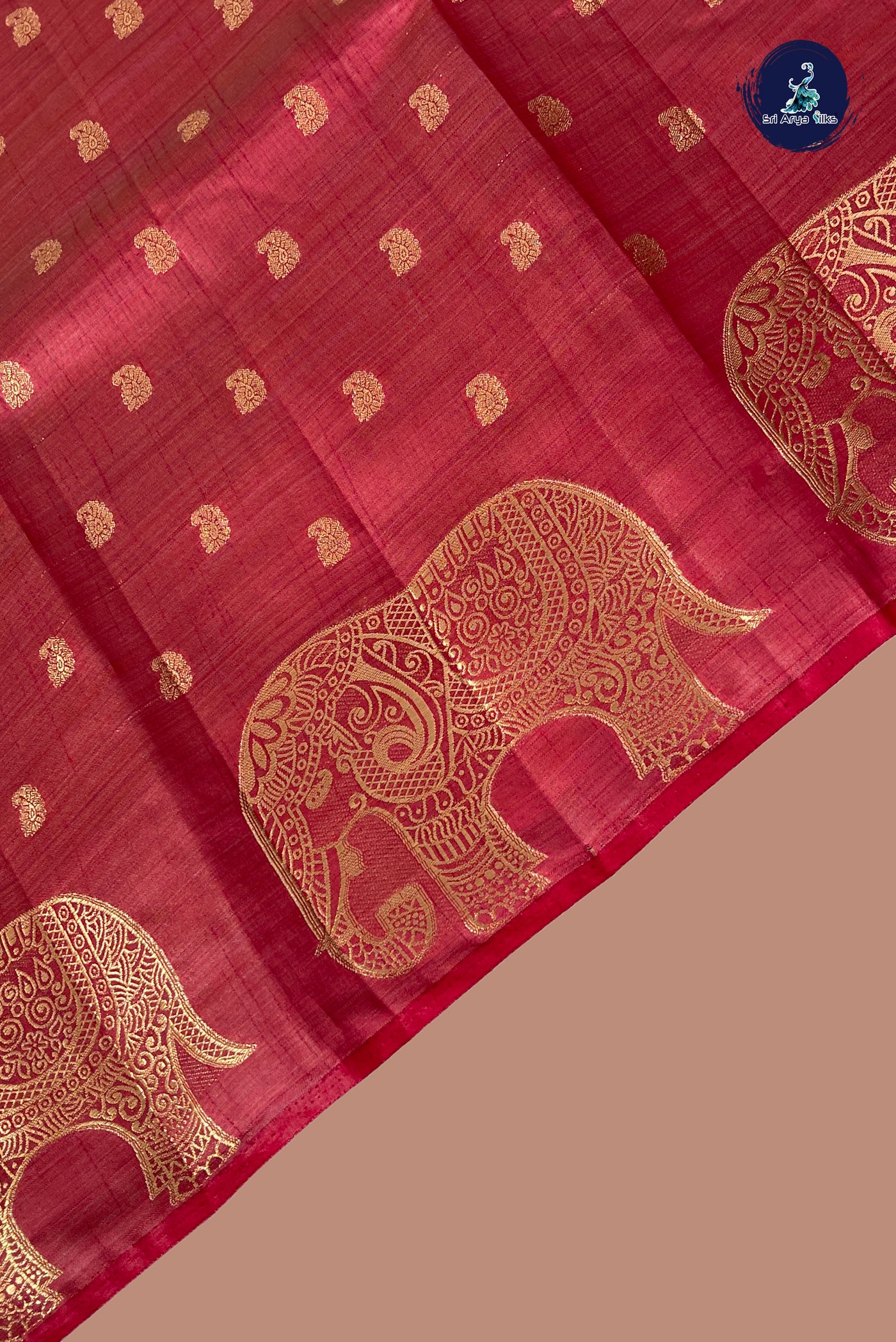 Red Semi Tussar Saree With Zari Buttas Pattern