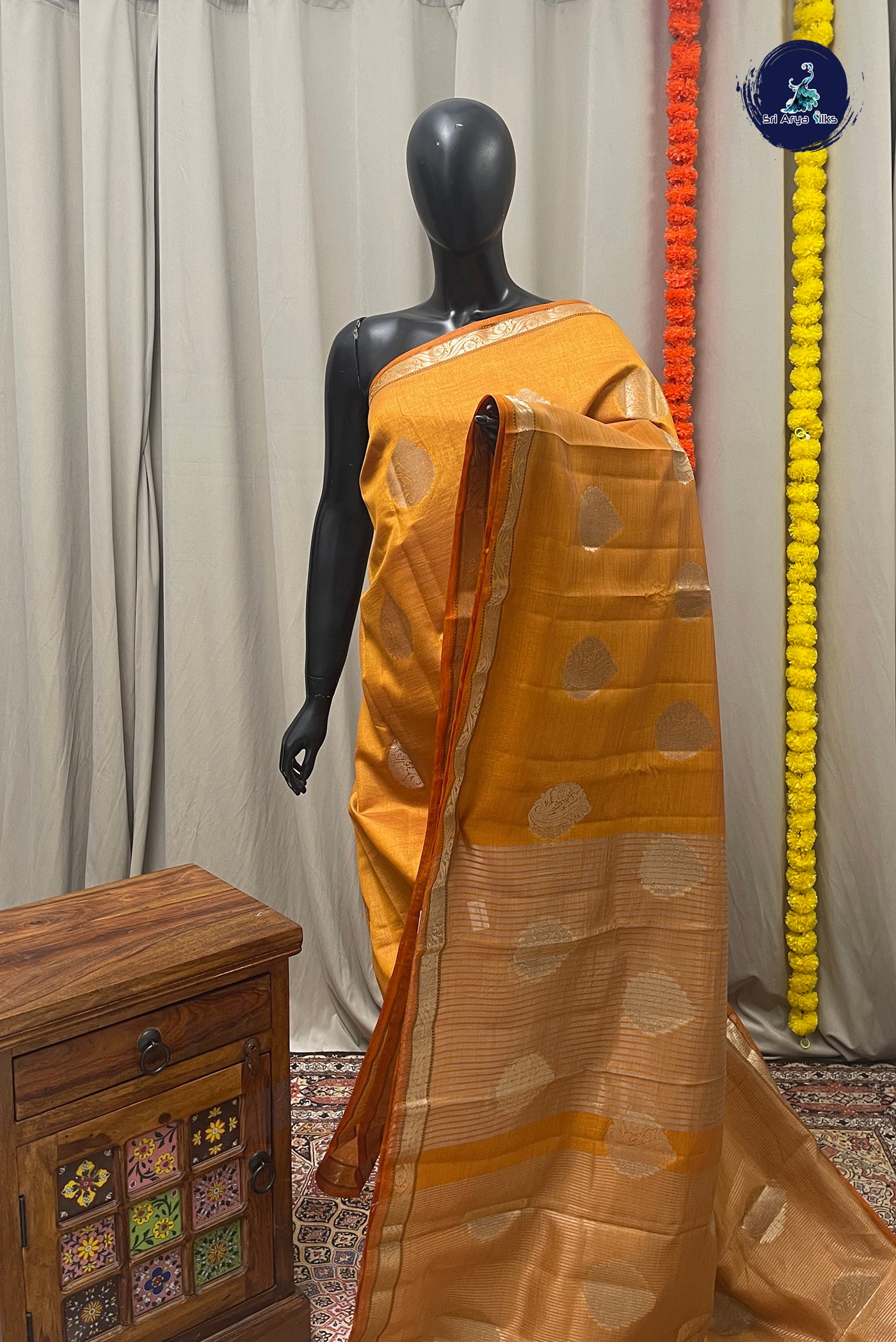 Mustard Yellow Semi Tussar Saree With Zari Buttas Pattern