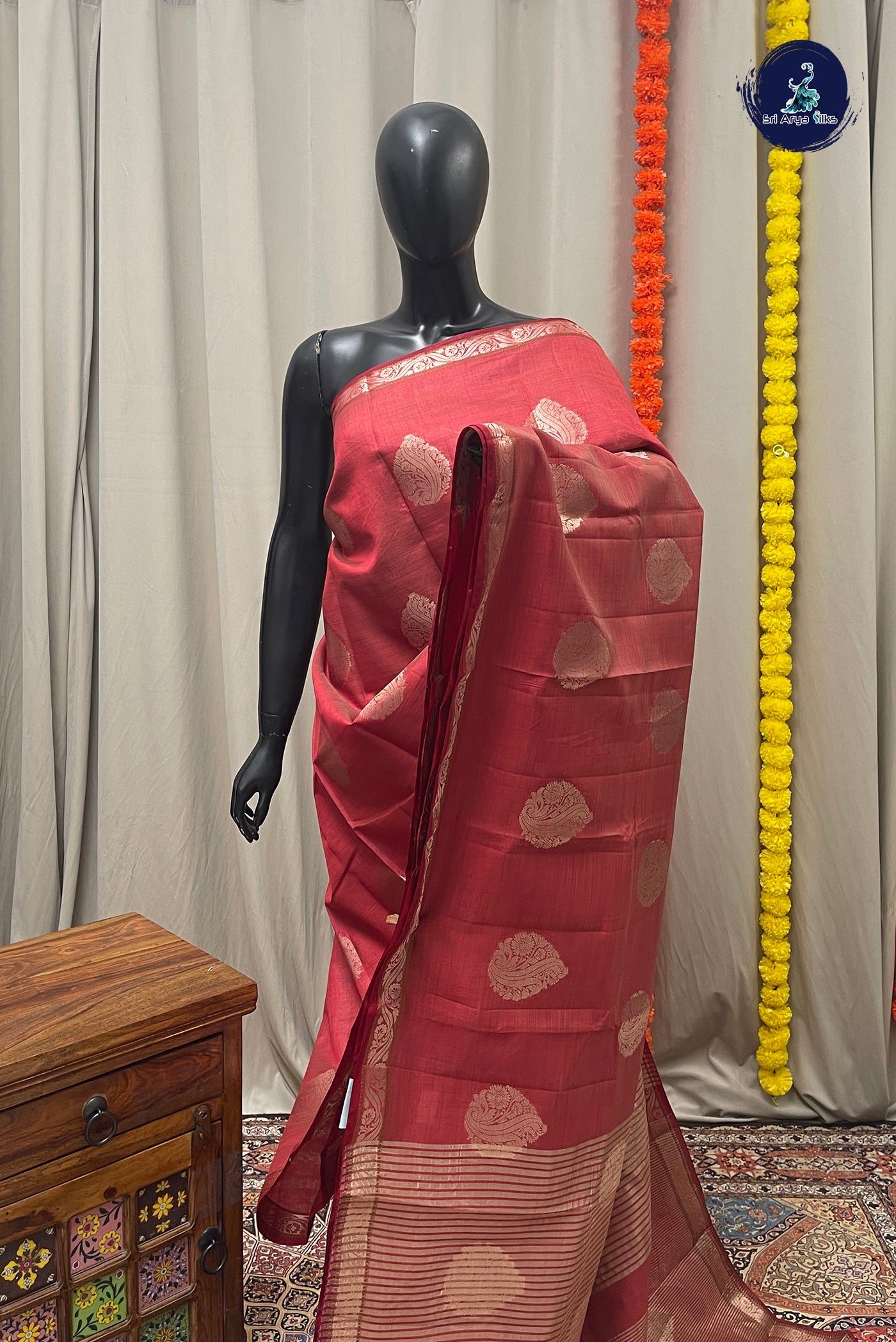 Red Semi Tussar Saree With Zari Buttas Pattern