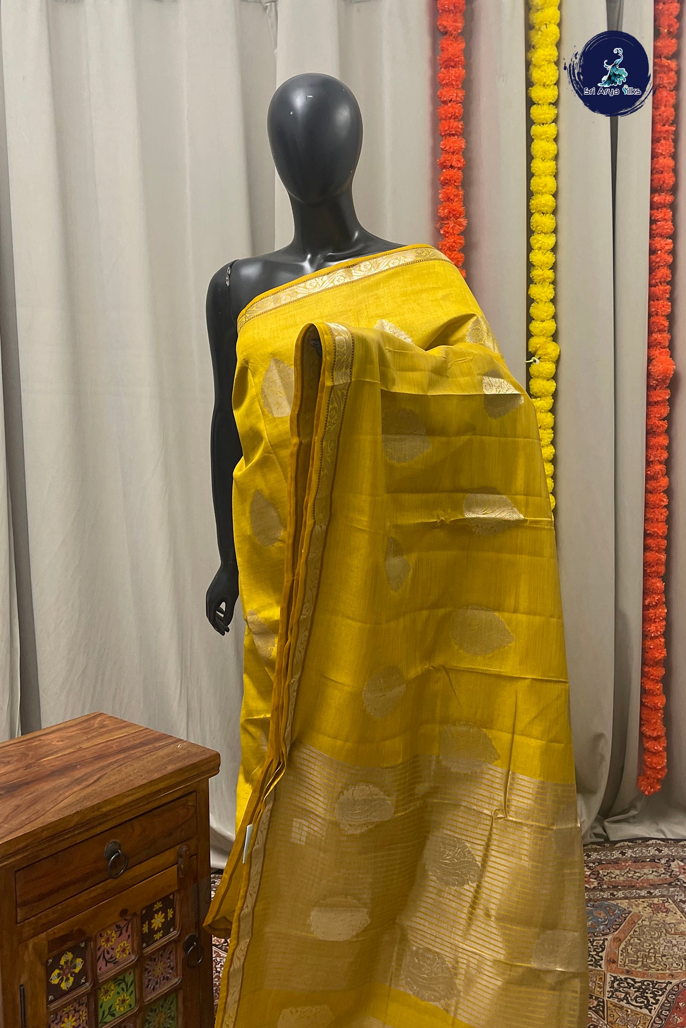 Yellow Semi Tussar Saree With Zari Buttas Pattern