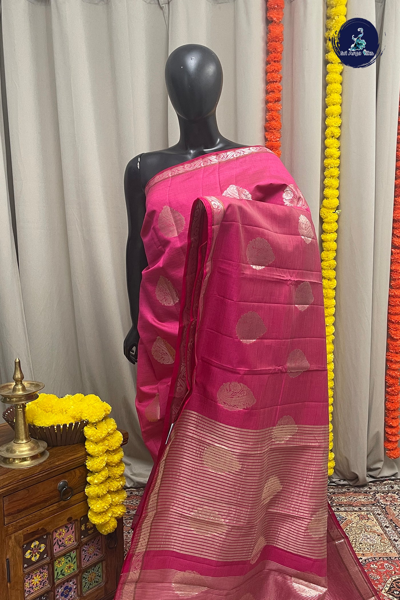 Dark Pink Semi Tussar Saree With Zari Buttas Pattern