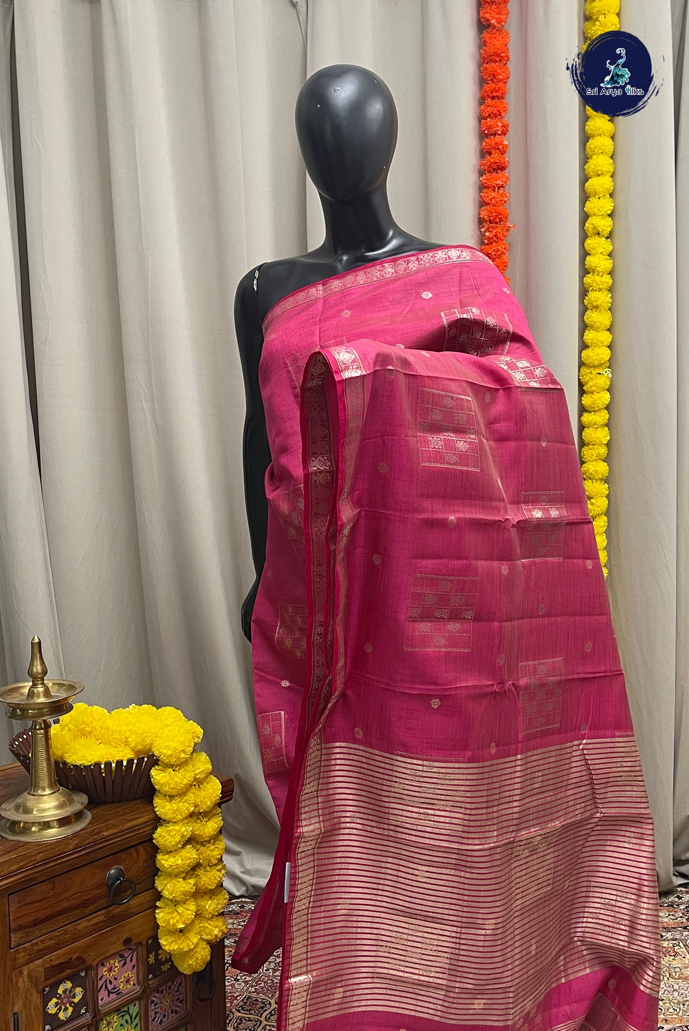 Dark Pink Semi Tussar Saree With Zari Buttas Pattern