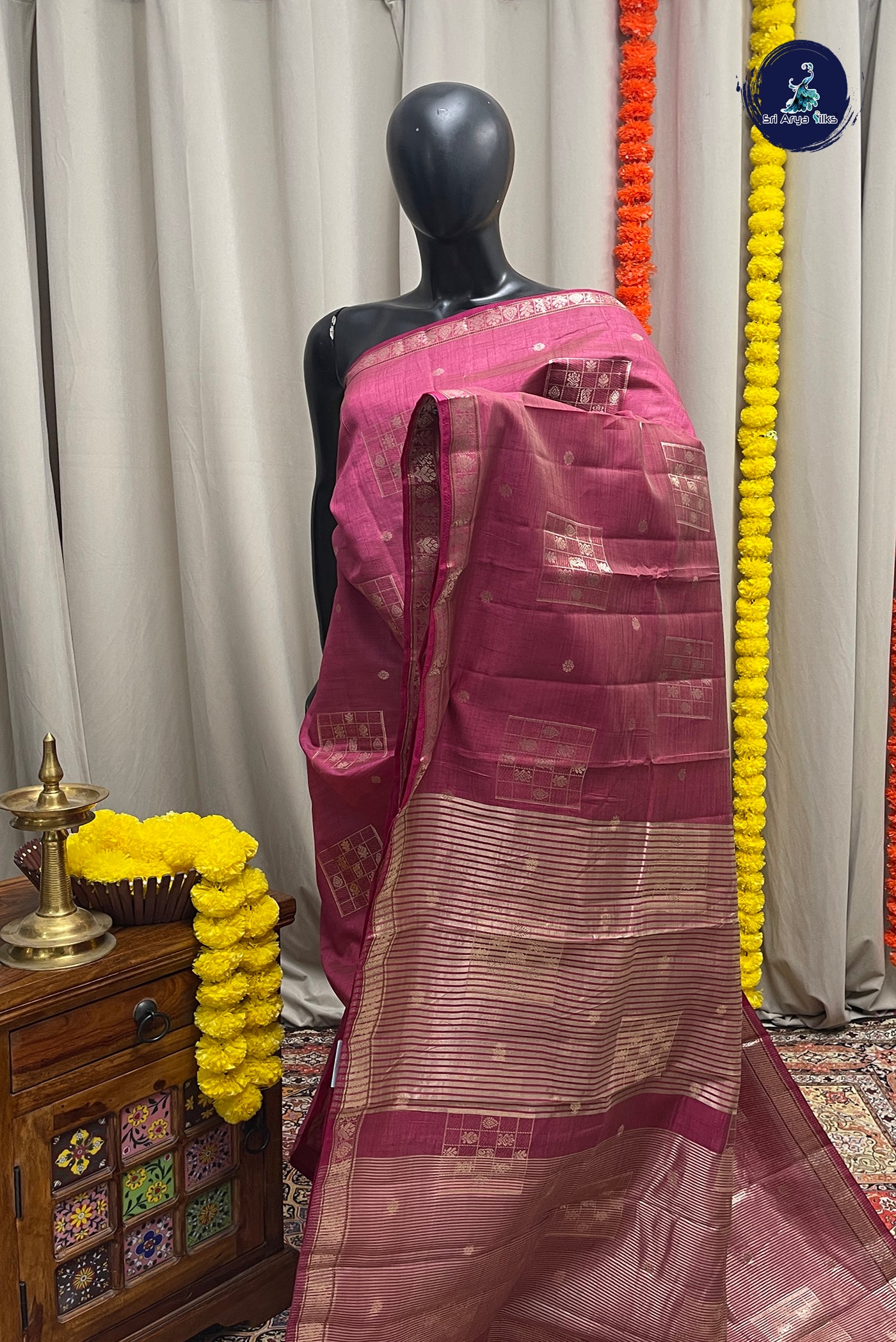 Pink Semi Tussar Saree With Zari Buttas Pattern