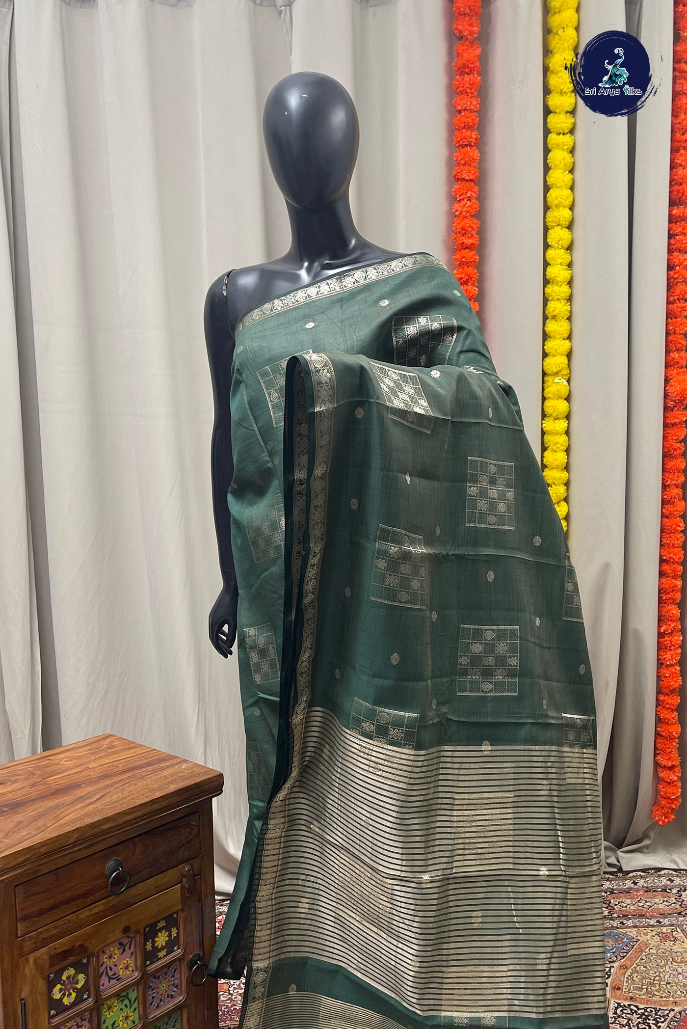 Green Semi Tussar Saree With Zari Buttas Pattern