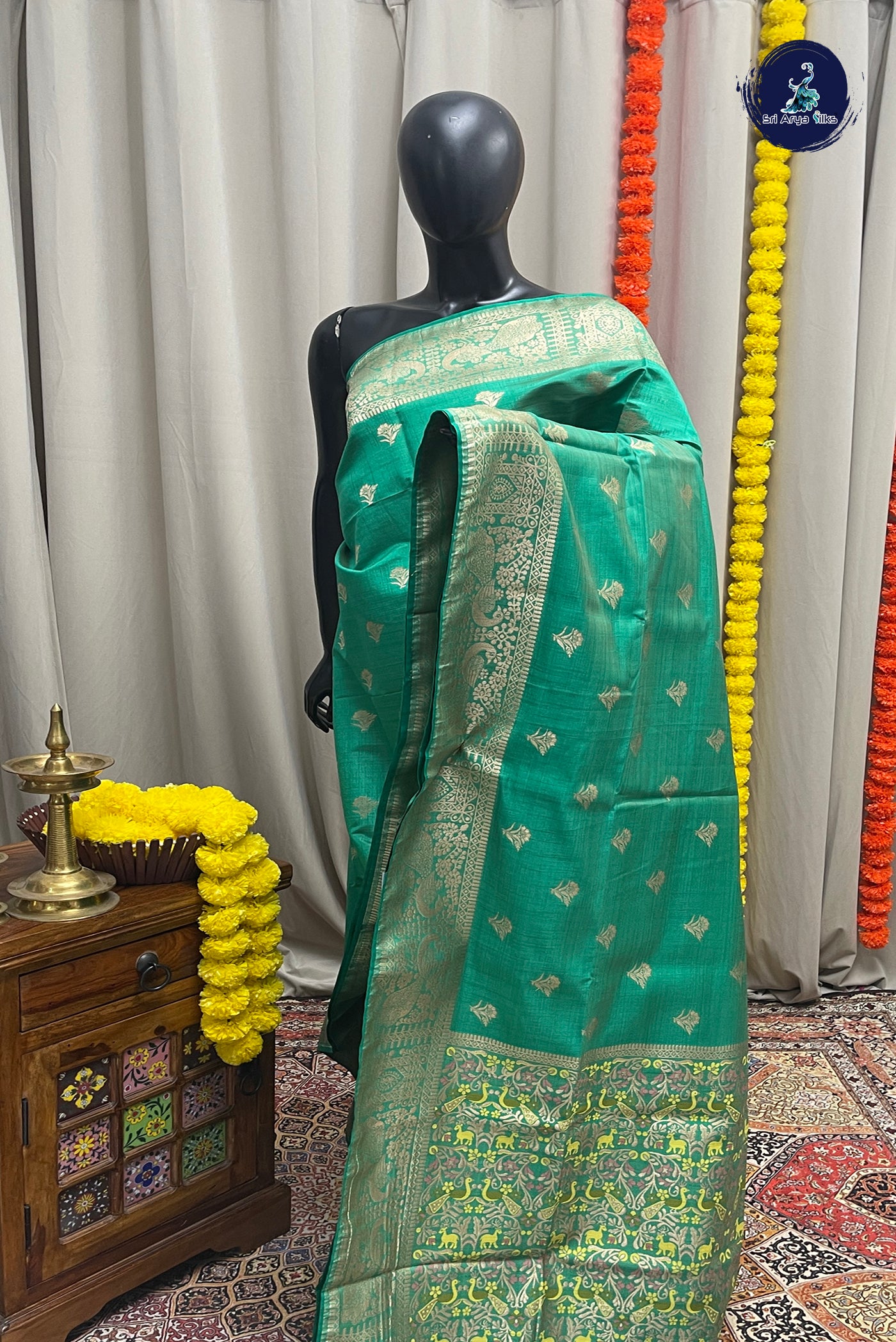 Green Semi Tussar Saree With Zari Buttas Pattern