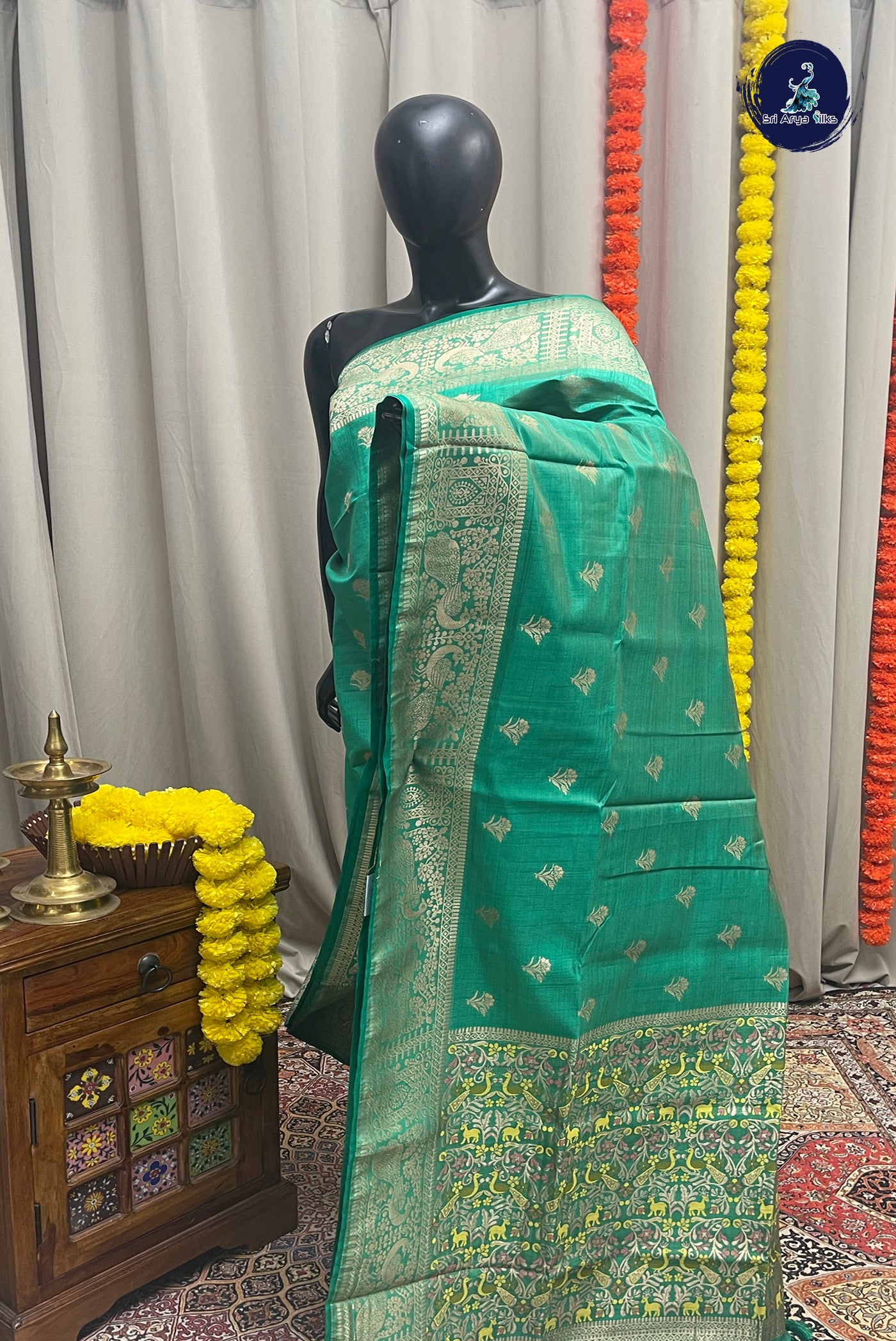 Green Semi Tussar Saree With Zari Buttas Pattern